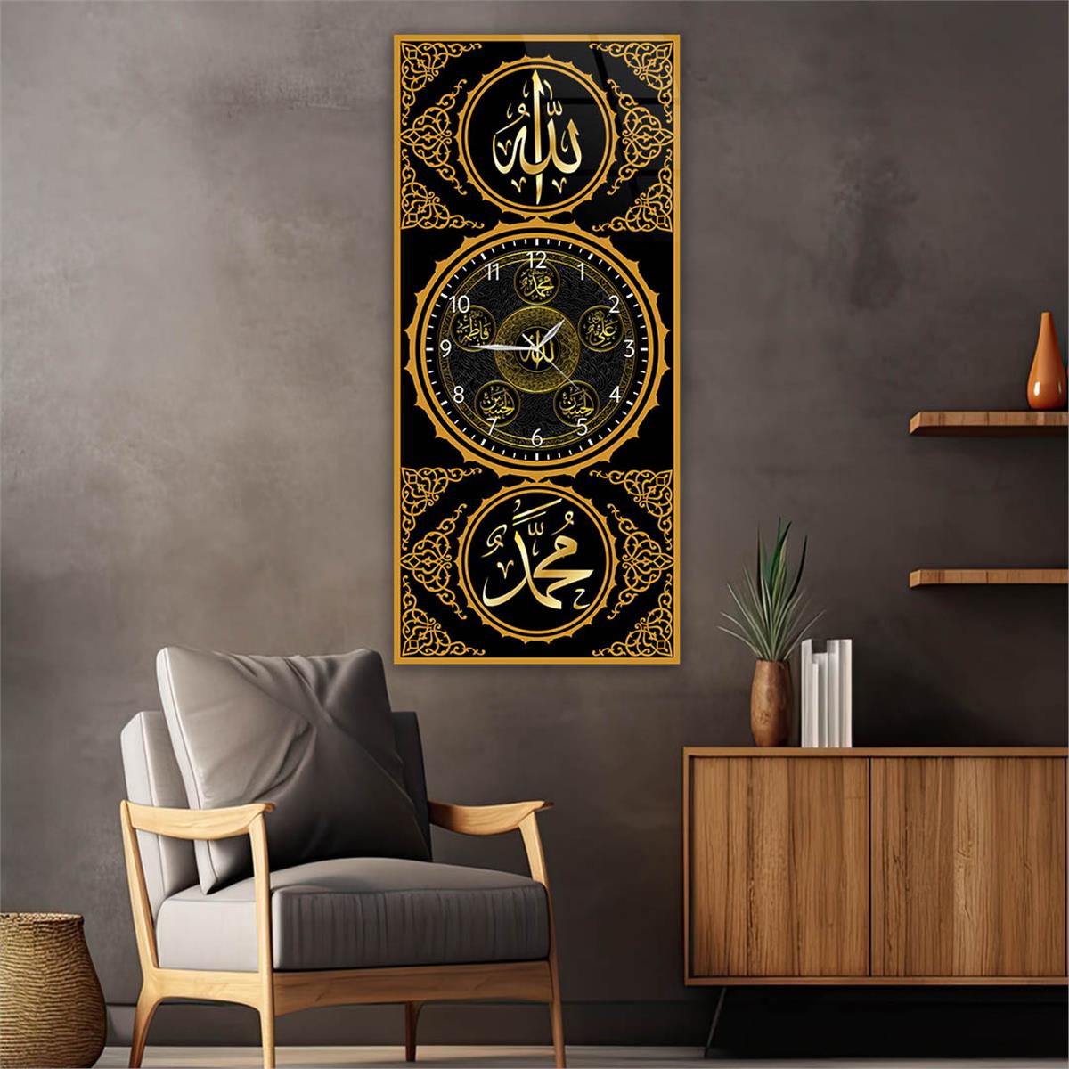 Vertical Religious Themed Glass Wall Art with Clock at the Center 017