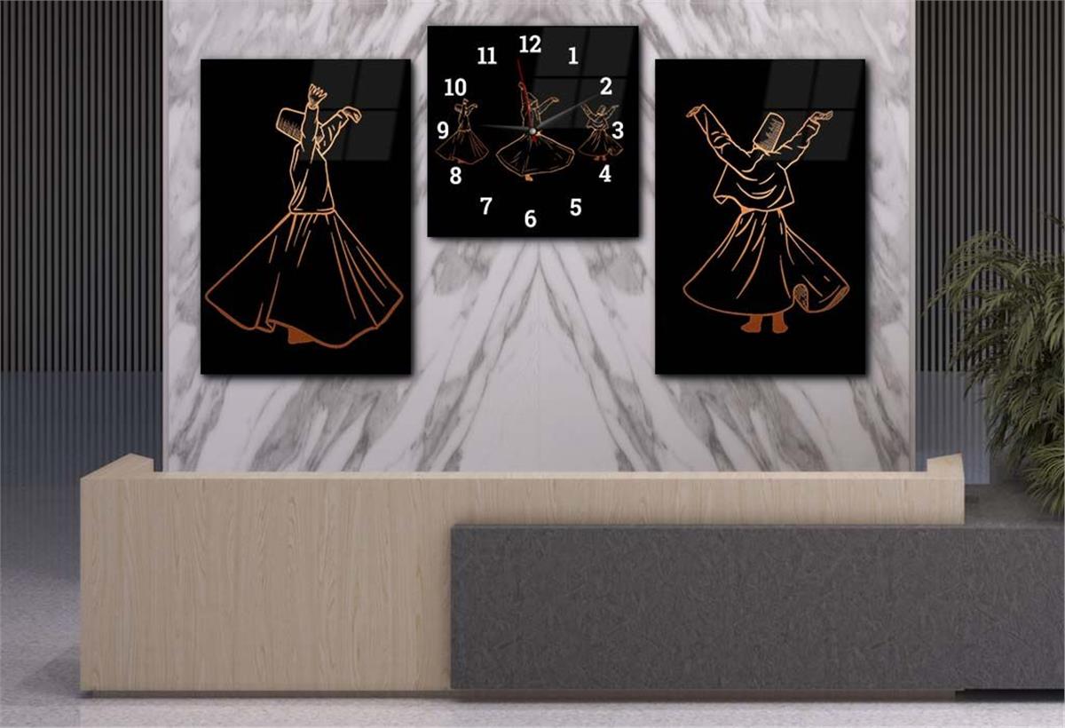 Whirling Dervish Themed Glass Wall Art Set with Clock , Glass Wall printing Clock Set with Mevlevi Visual