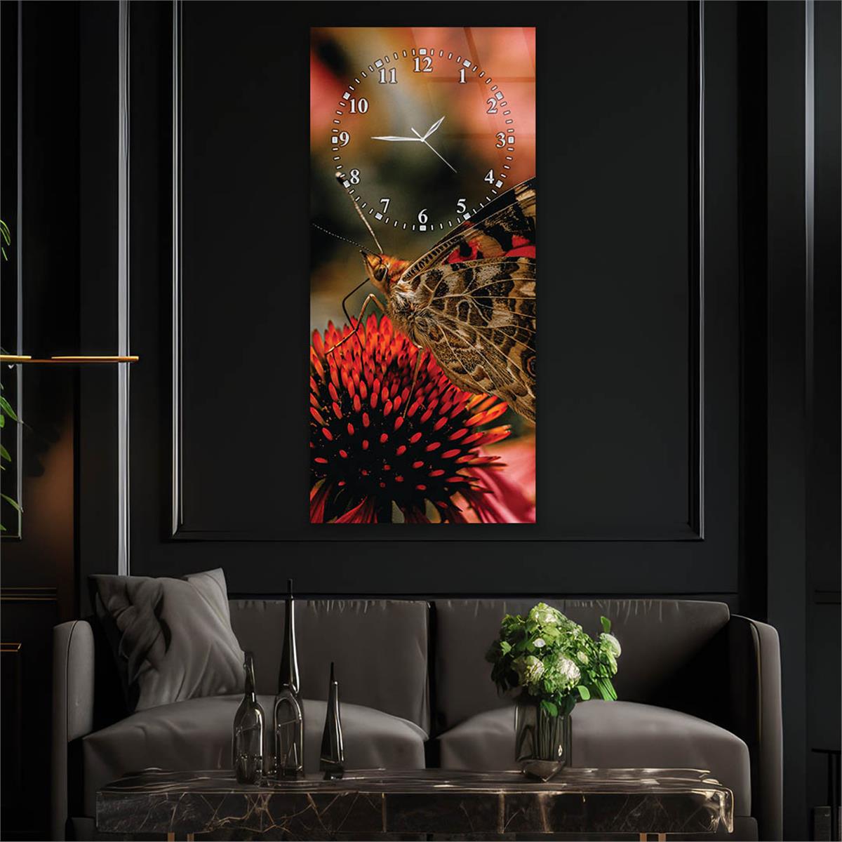 Tableau en verre à thème art et nature vertical avec horloge en haut 069