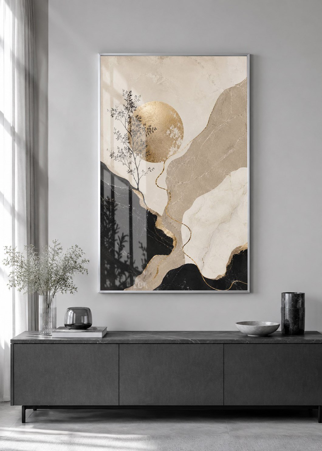 Gold Güneş ve Minimal Doğa Alüminyum Çerçeveli Modern Cam Duvar Tablosu