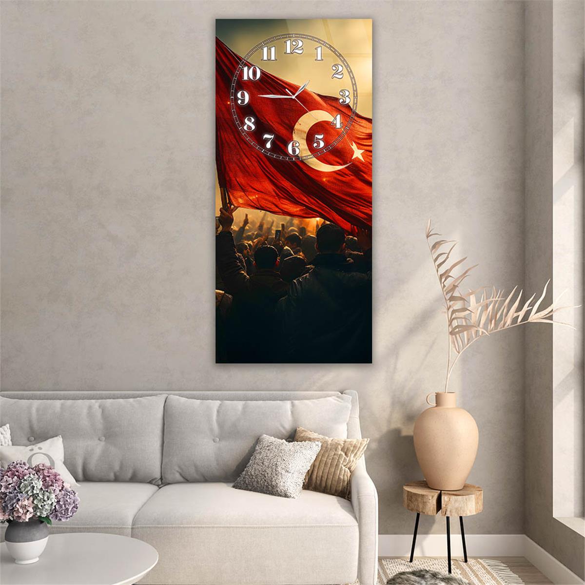 Vertical National Themed Glass Wall Art with Clock at the Top 045