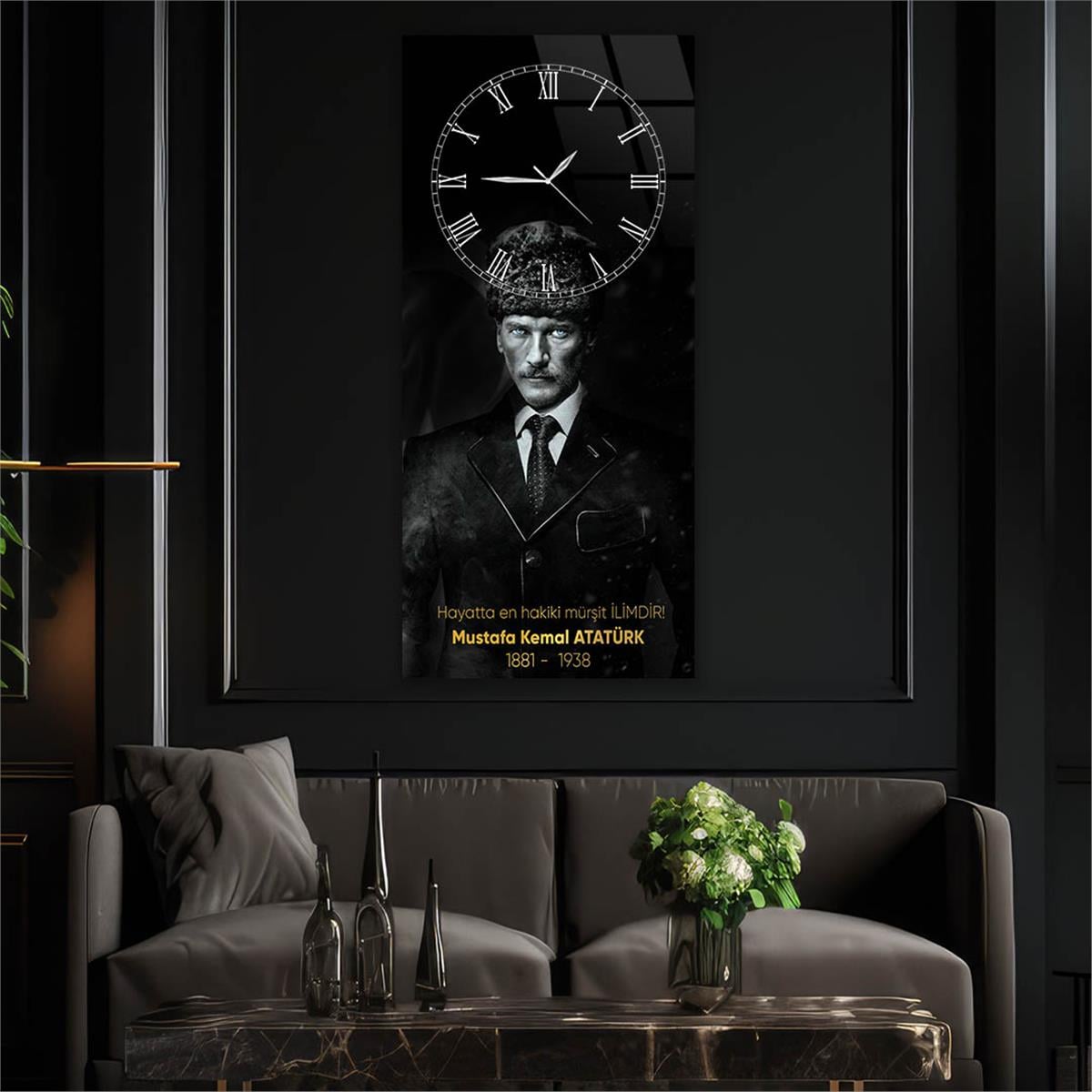 Vertical National Themed Glass Wall Art with Clock at the Top 028