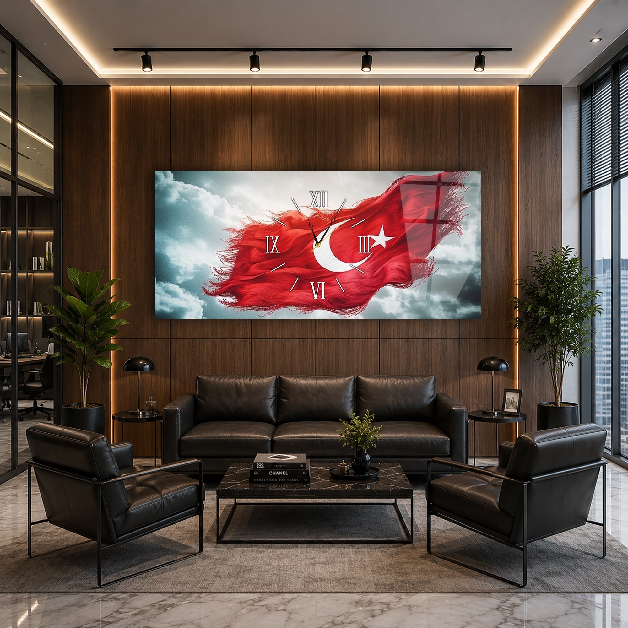Bulutlar Arasında Dalgalanan Türk Bayrağı Saatli  Cam Tablo 079
