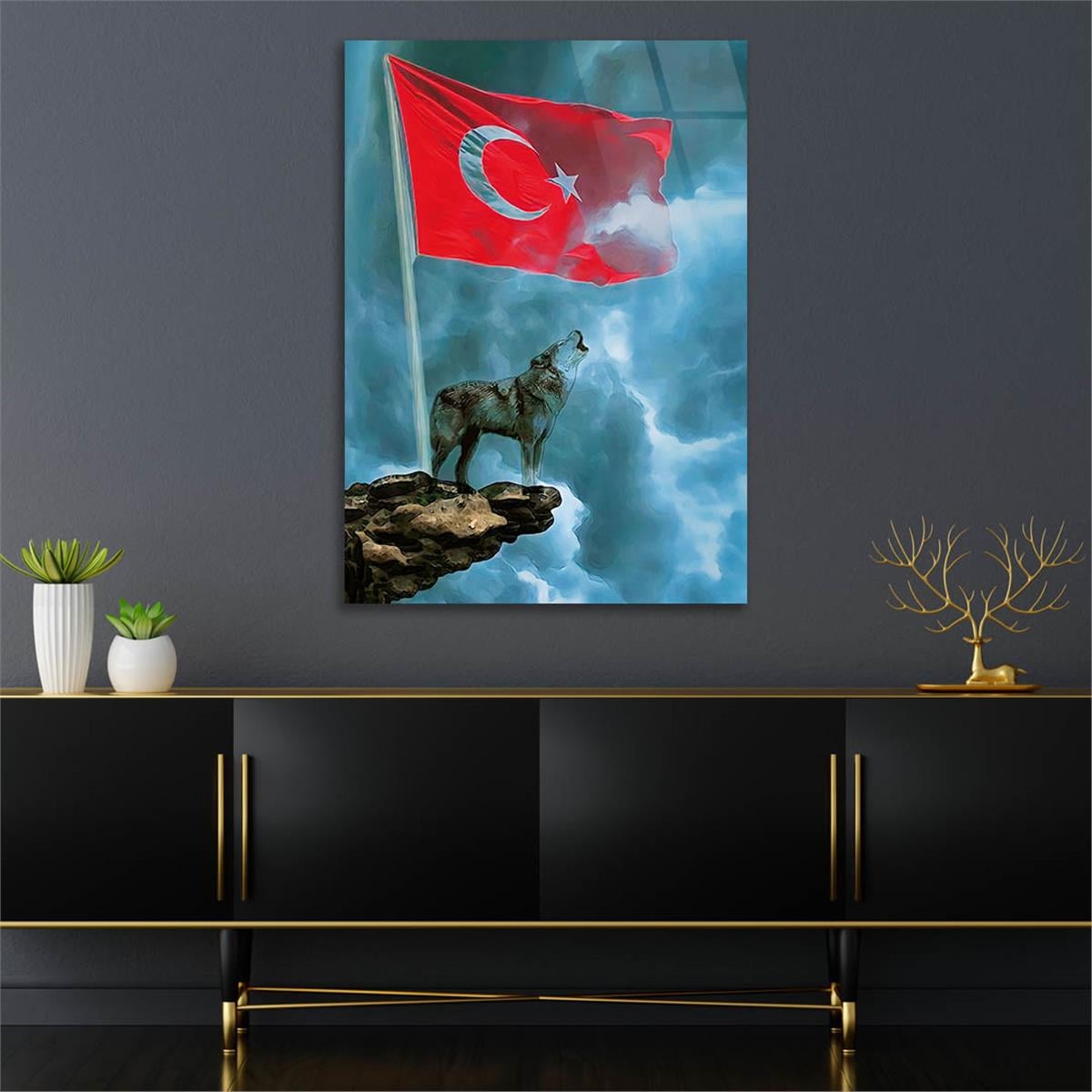 Turkish Flag and Wolf Tempered Glass Wall Art 
