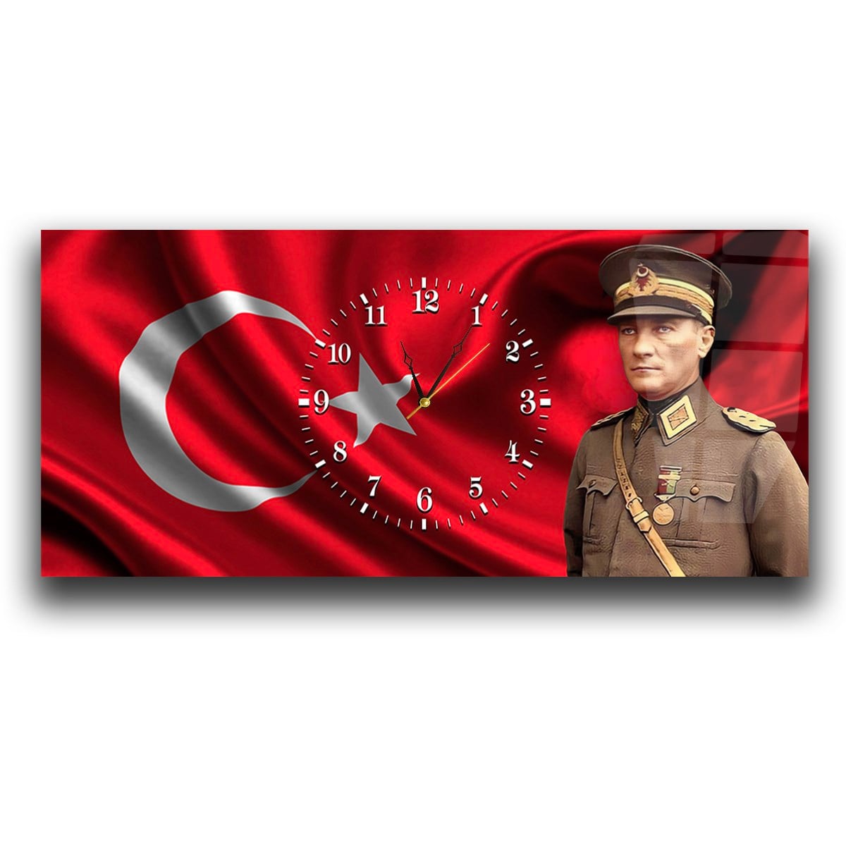 Yatay Saatli Ortadan Vatan Temalı Cam Tablo 097