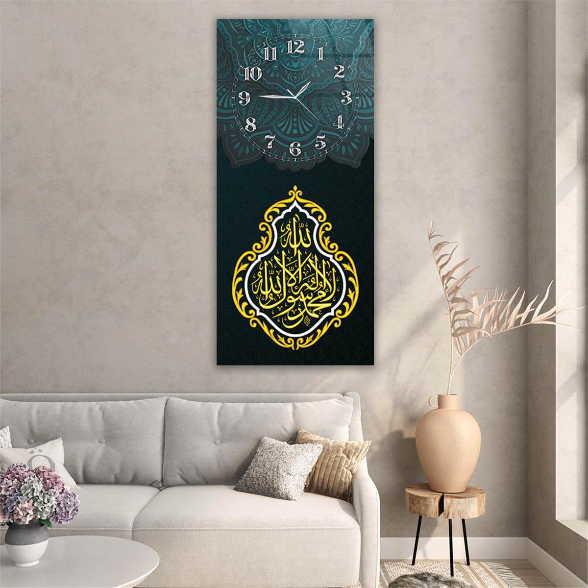 Vertical Religious Themed Glass Wall Art with Clock at the Top  057