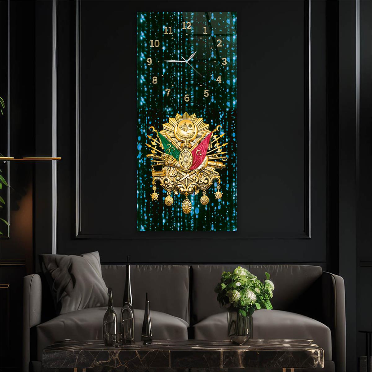 Vertical National Themed Glass Wall Art with Clock at the Top 019