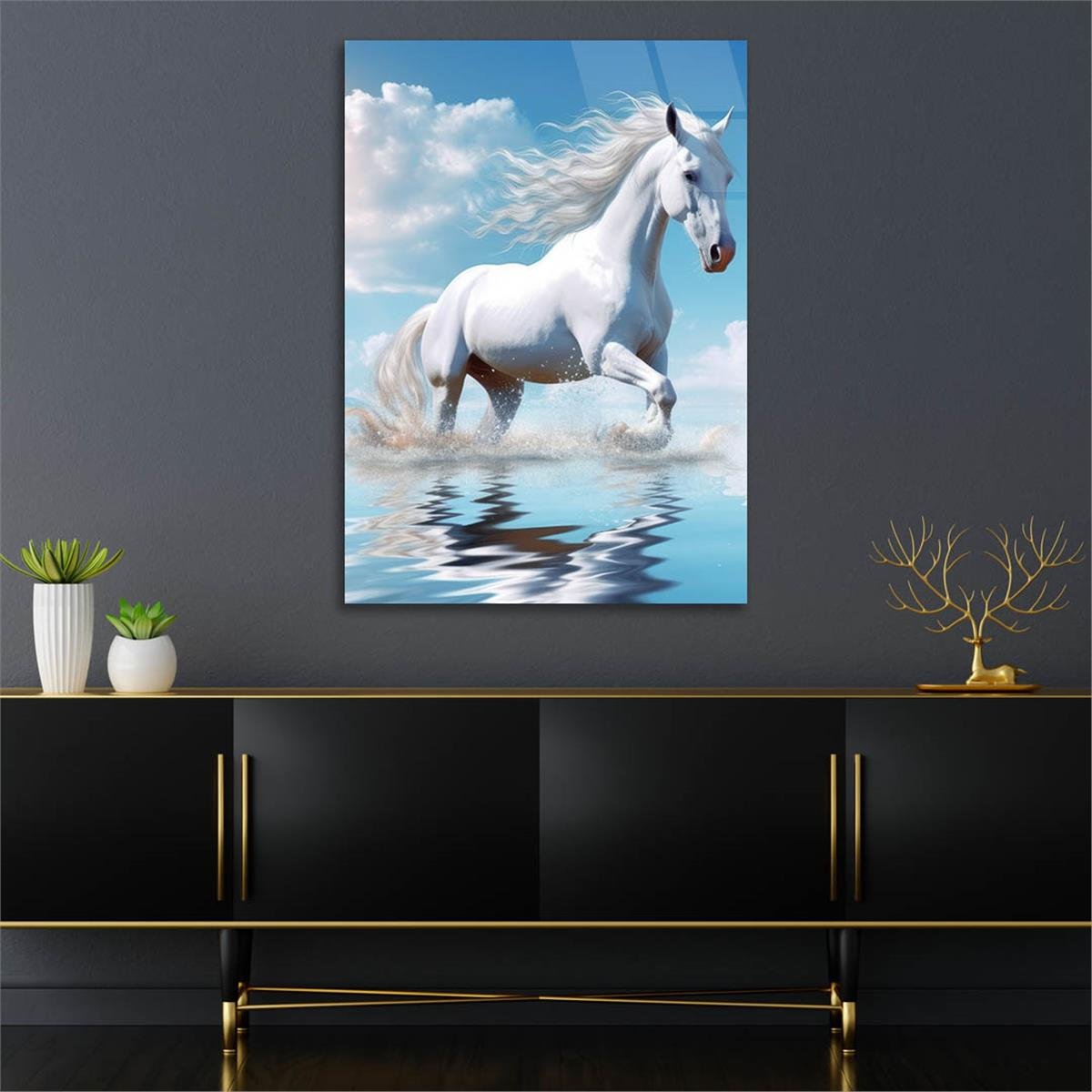 A White Horse Running in WaterVertical Tempered Glasss Wall Arts Natured-Themed226
