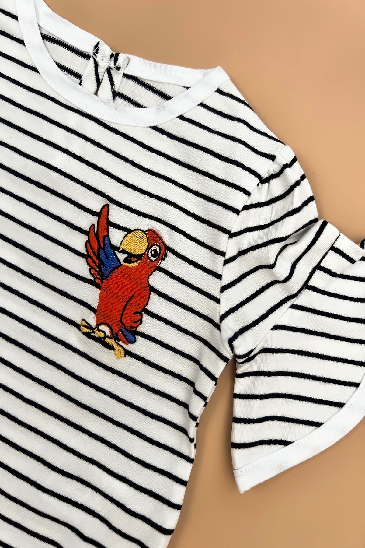 Kız Bebek Papağan Desenli Siyah Beyaz Çizgili Tişört