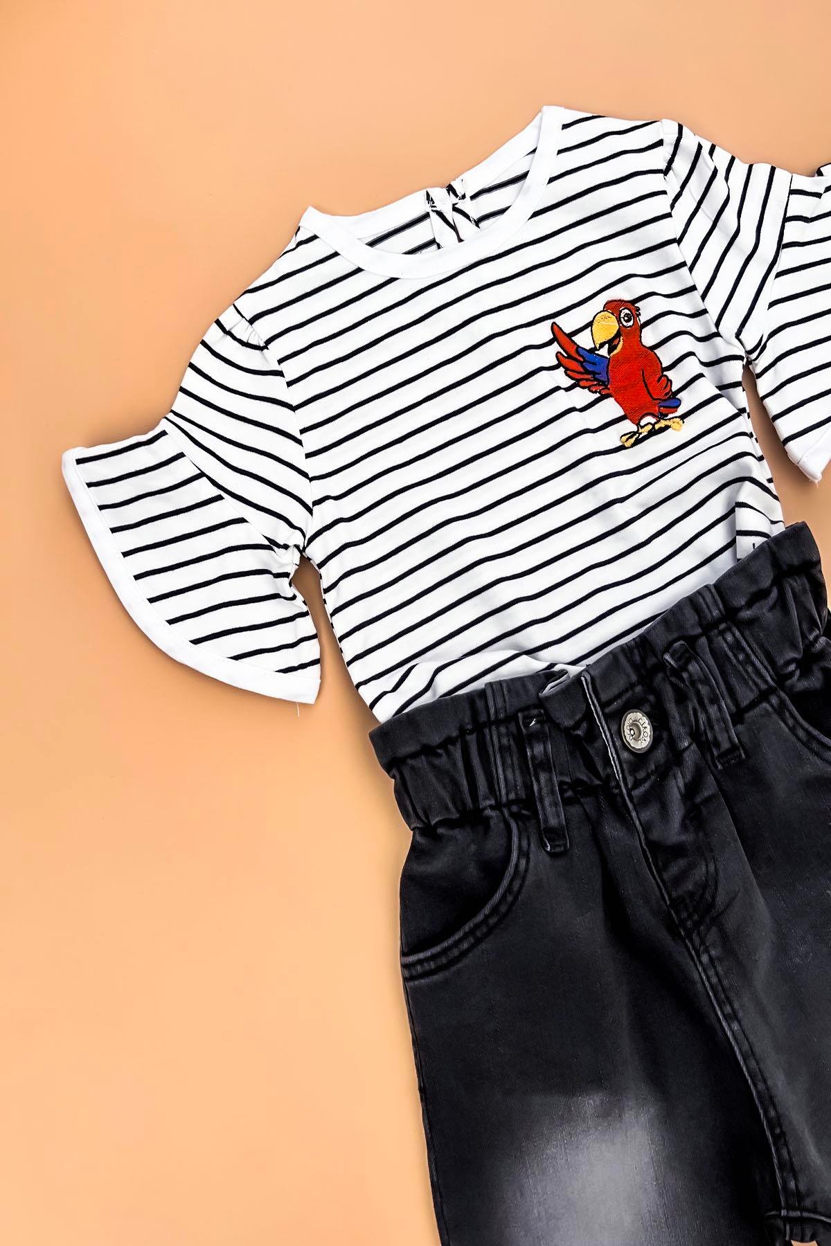 Kız Bebek Papağan Desenli Siyah Beyaz Çizgili Tişört