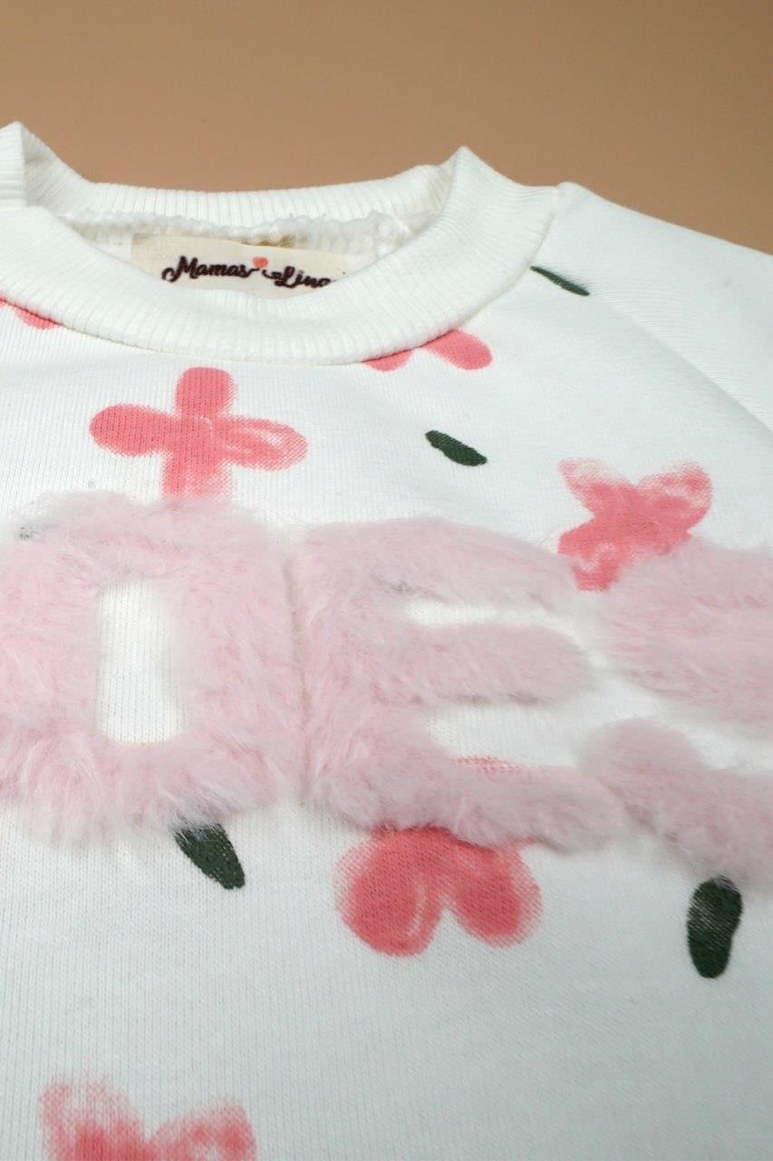 Kız Çocuk Çiçek Desenli Beyaz Sweatli Tütülü Elbise