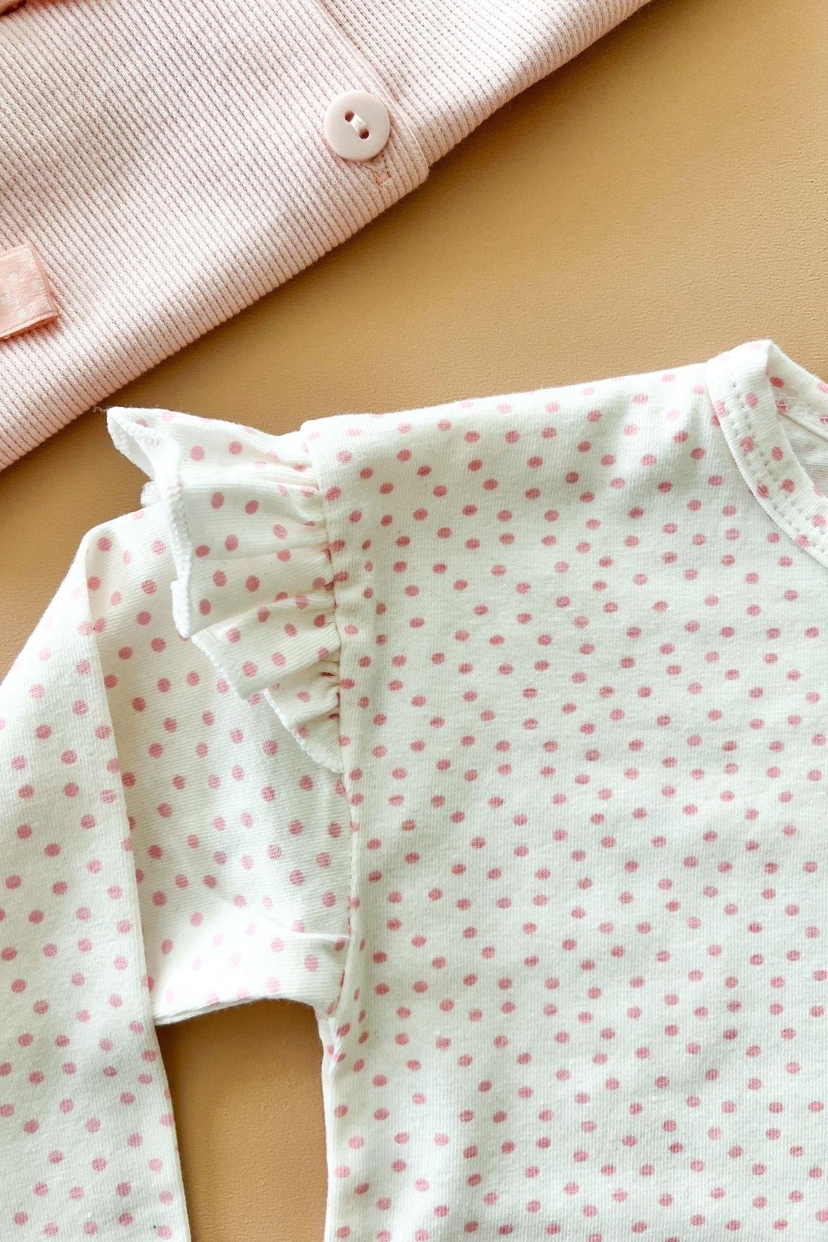 Kız Çocuk Pembe Puantiyeli Beyaz Basic Tişört