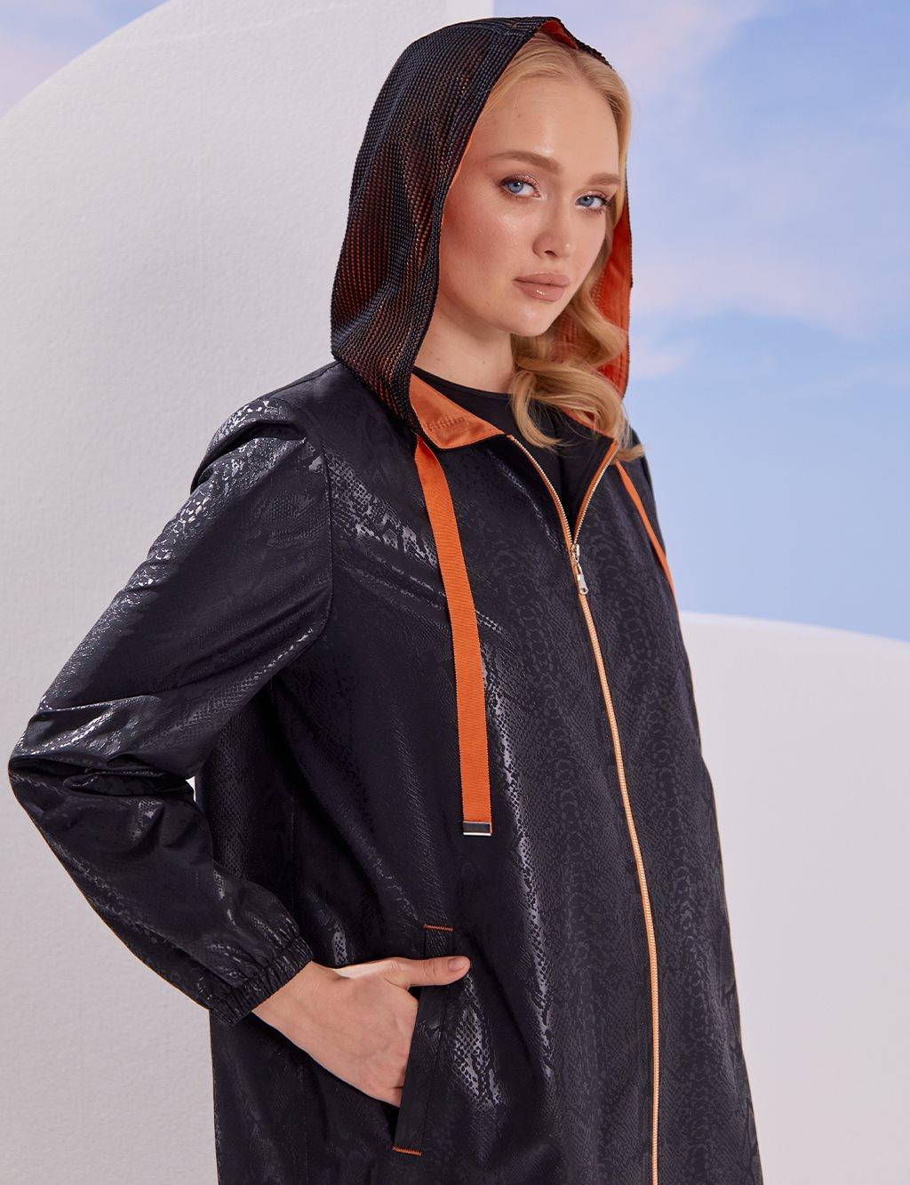 Kayra Jakarlı Animal Print Trençkot Siyah