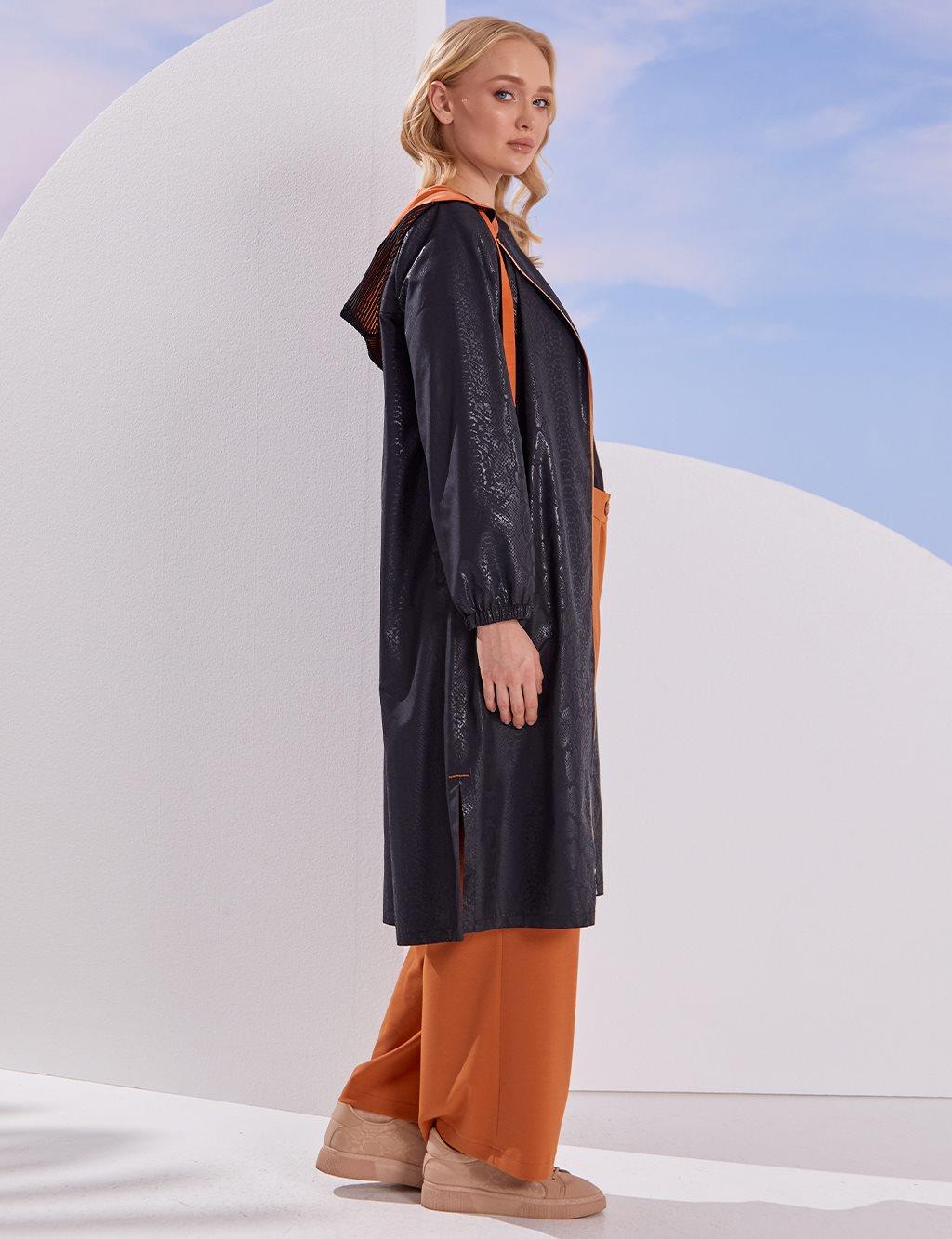 Kayra Jakarlı Animal Print Trençkot Siyah