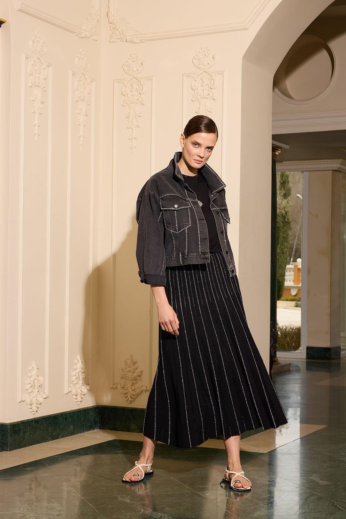 MSS TAŞ İŞLEMELİ MİDİ KOT CEKET 24YC02C4294