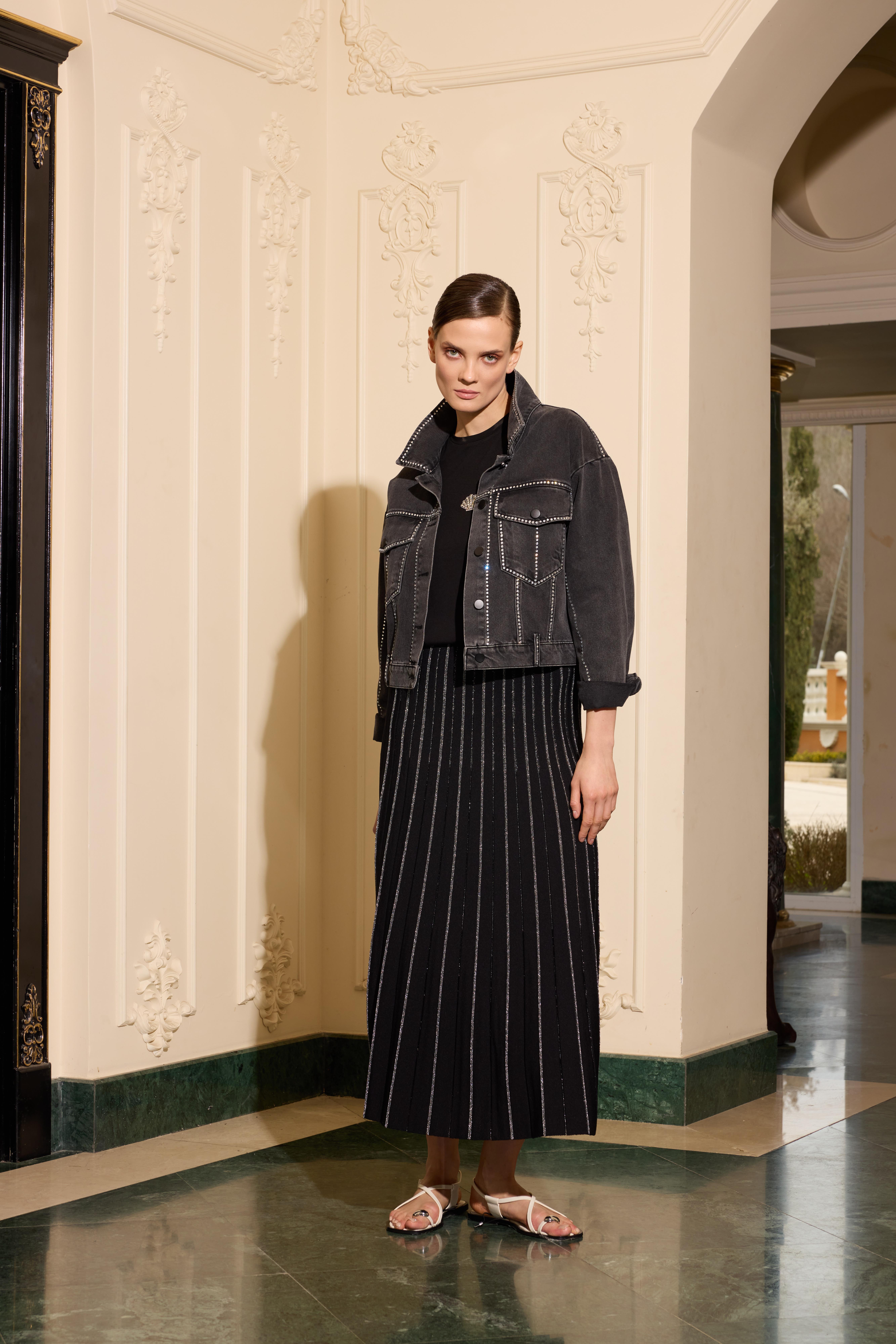 MSS TAŞ İŞLEMELİ MİDİ KOT CEKET 24YC02C4294