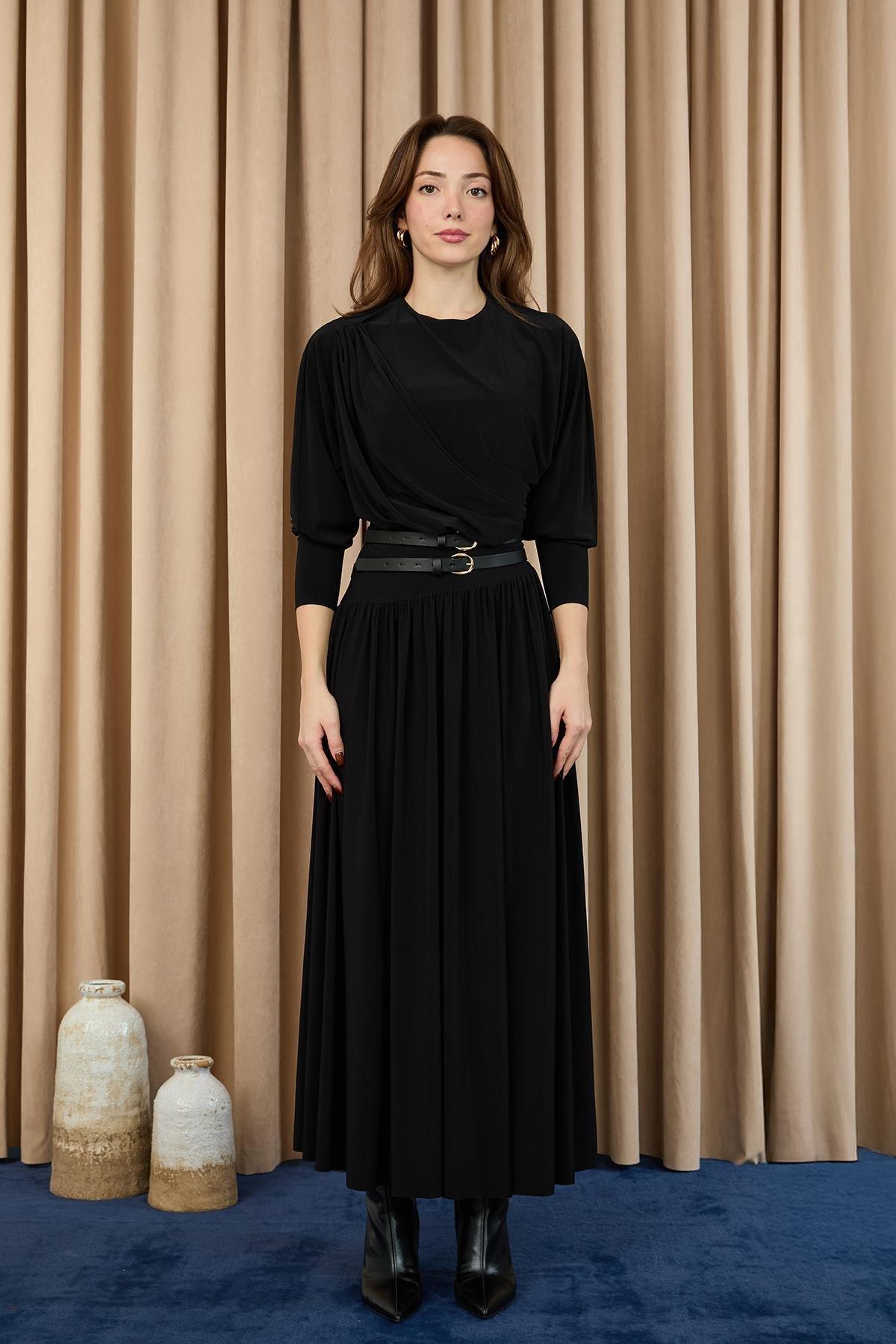 MUN ELBİSE DRAPE YAKA KEMERLİ 12659