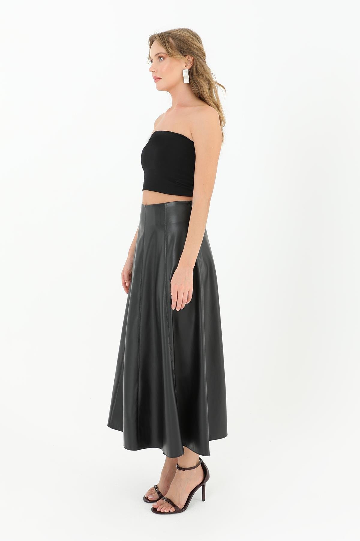 Puane Fermuarlı Deri Etek