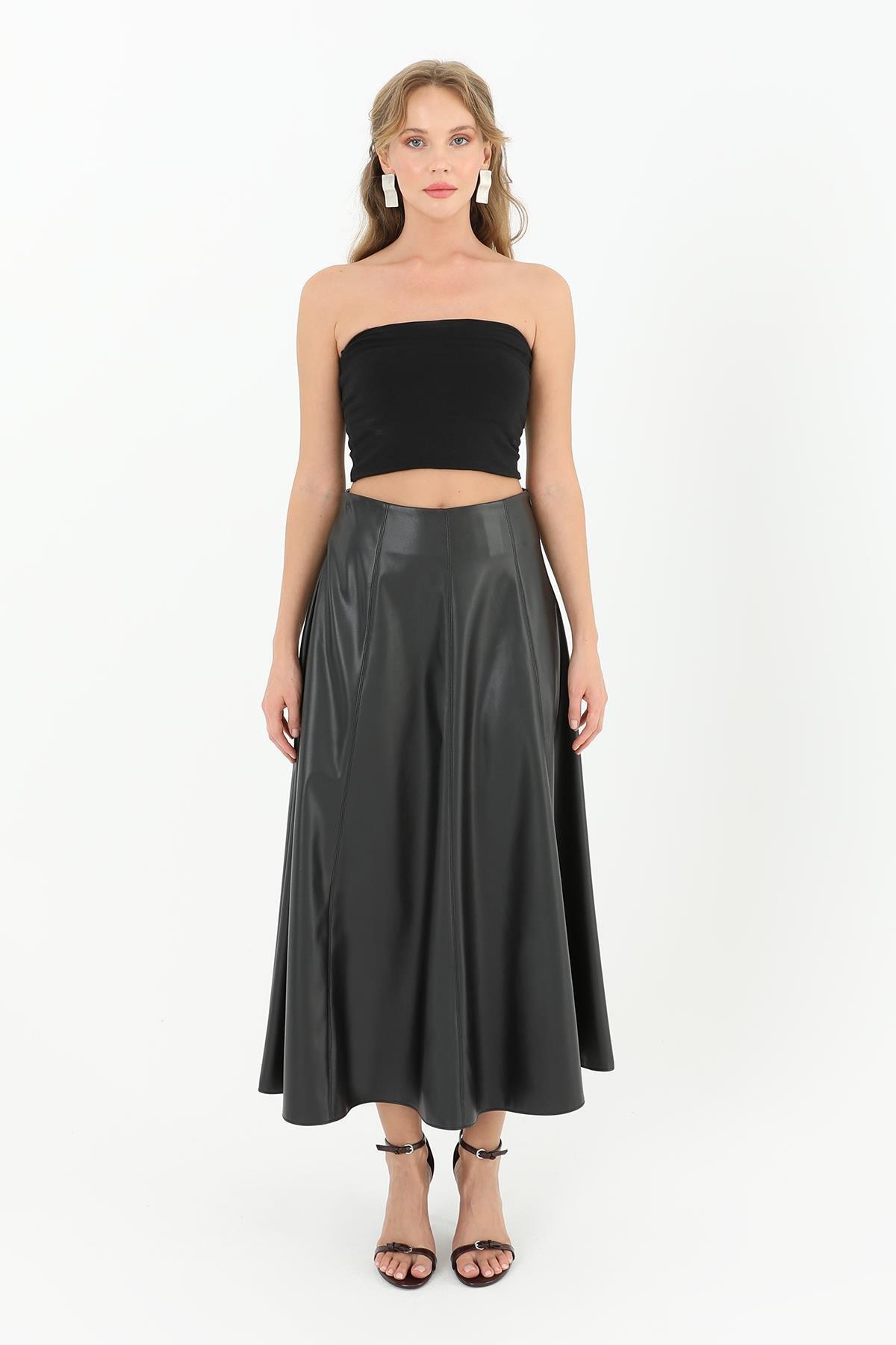 Puane Fermuarlı Deri Etek