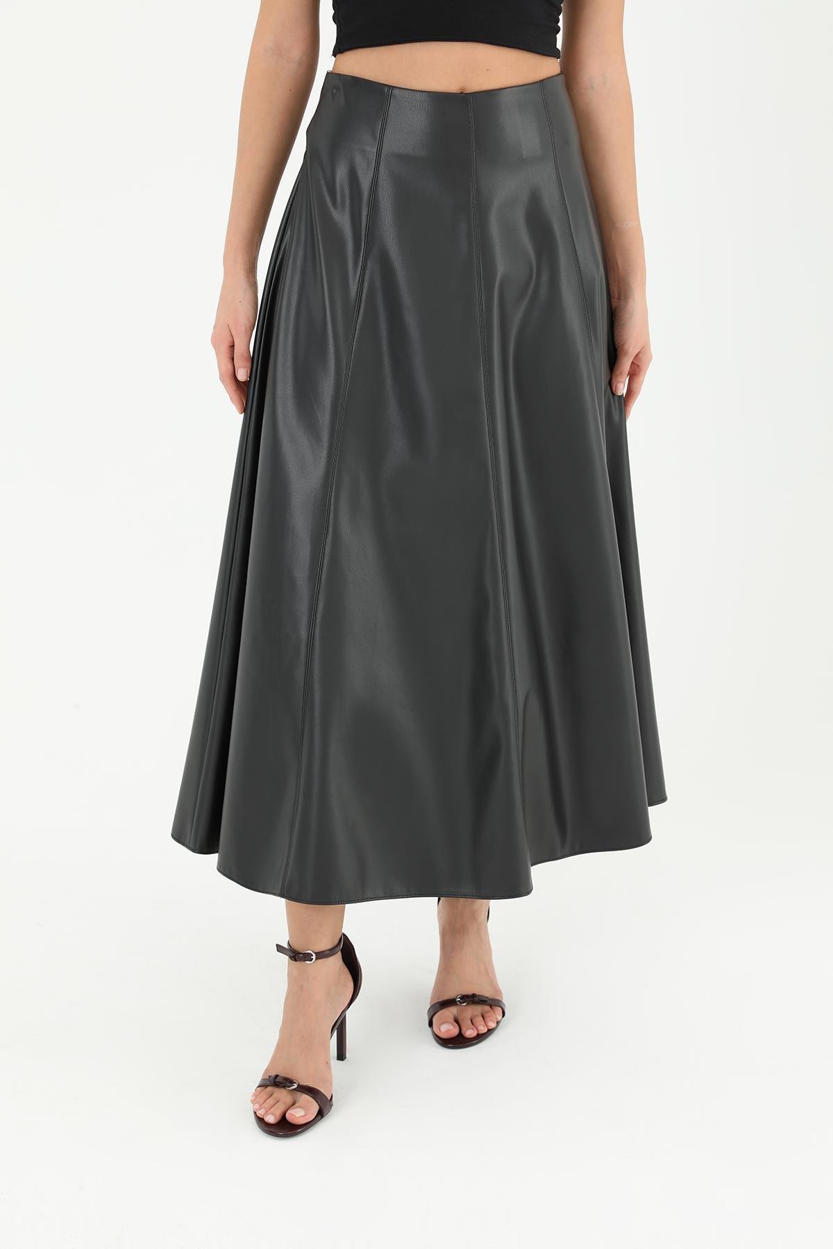 Puane Fermuarlı Deri Etek