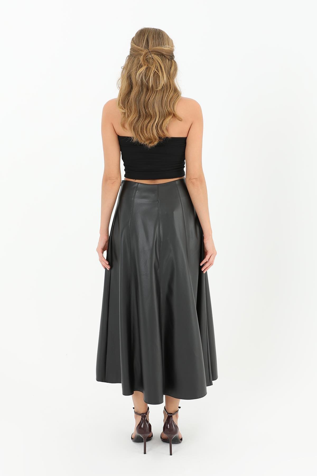 Puane Fermuarlı Deri Etek