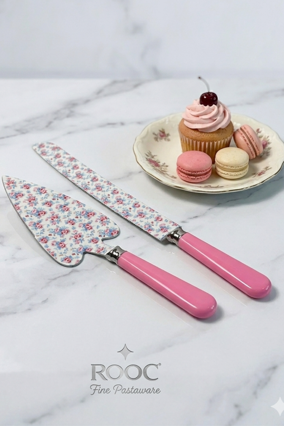 ROOC ÇİÇEK DESENLİ PEMBE SAPLI 2 PARÇA PASTA SERVİS SETİ