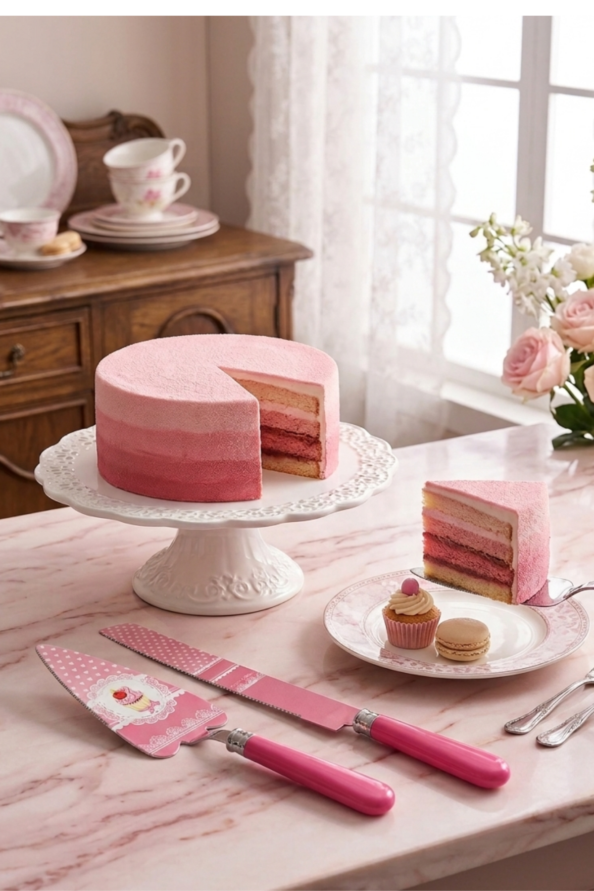 ROOC CUPCAKE VE KALP DESENLİ PEMBE 2 PARÇA PASTA SERVİS SETİ