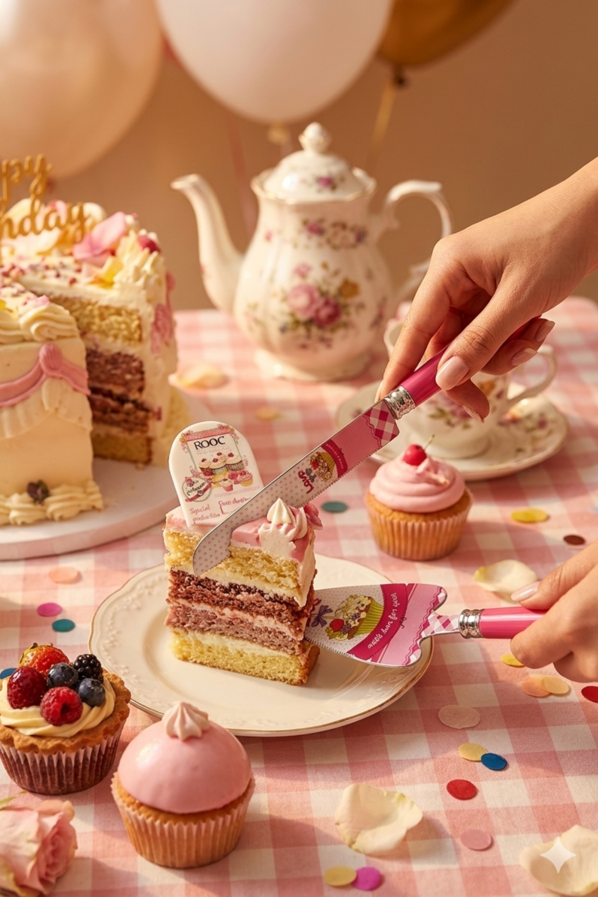 ROOC LOVE VE CUPCAKE DESENLİ FUŞYA PEMBE 2 PARÇA PASTA SERVİS SETİ