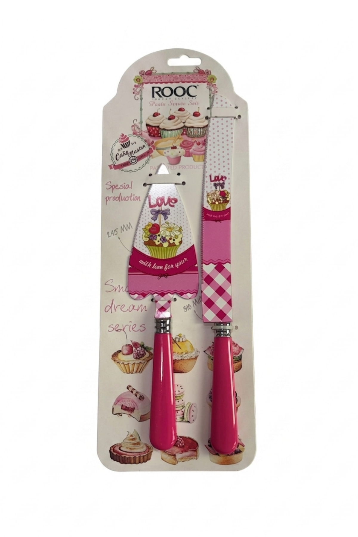 ROOC LOVE VE CUPCAKE DESENLİ FUŞYA PEMBE 2 PARÇA PASTA SERVİS SETİ