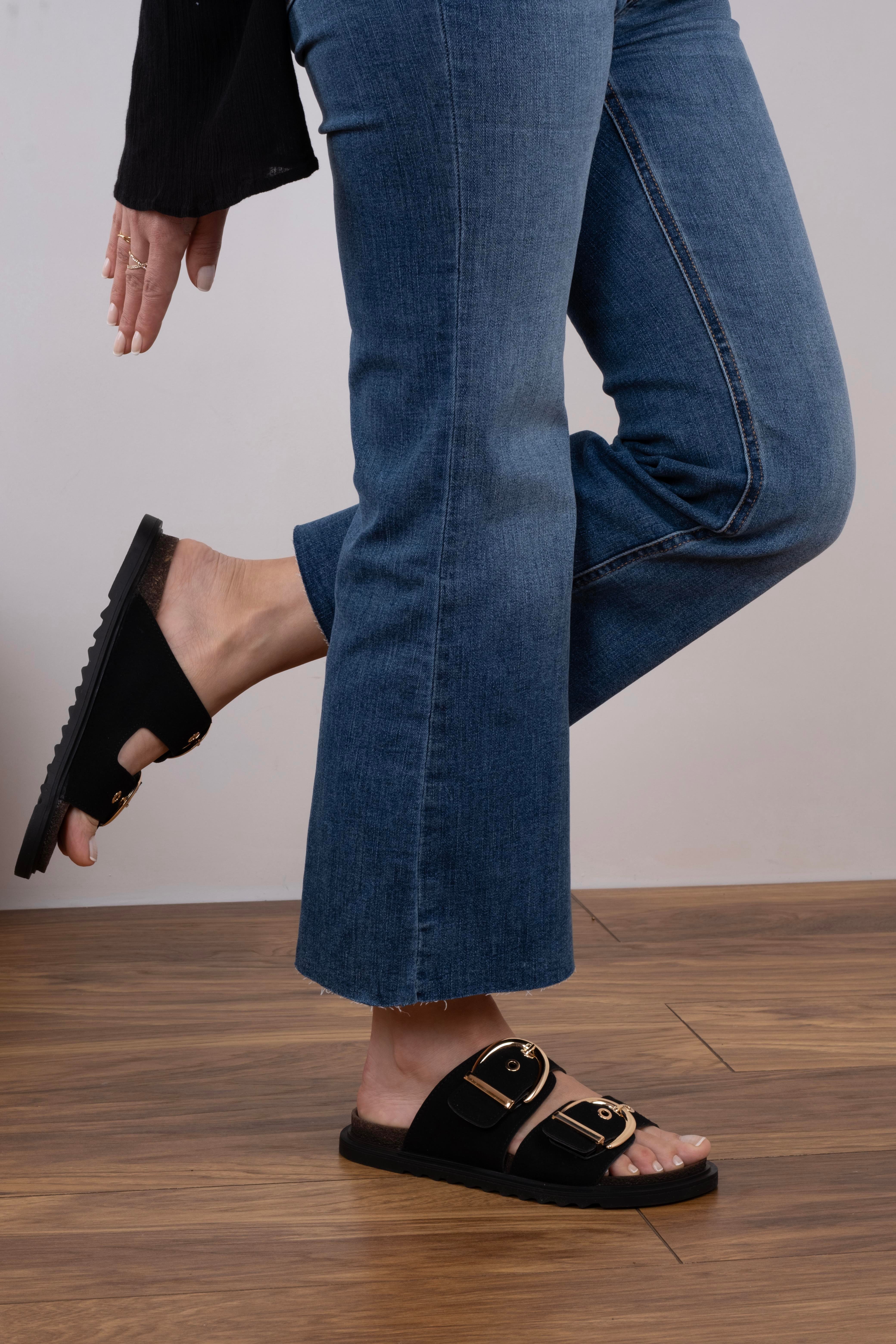 Ganie Model İki Kemerli Terlik Siyah Süet