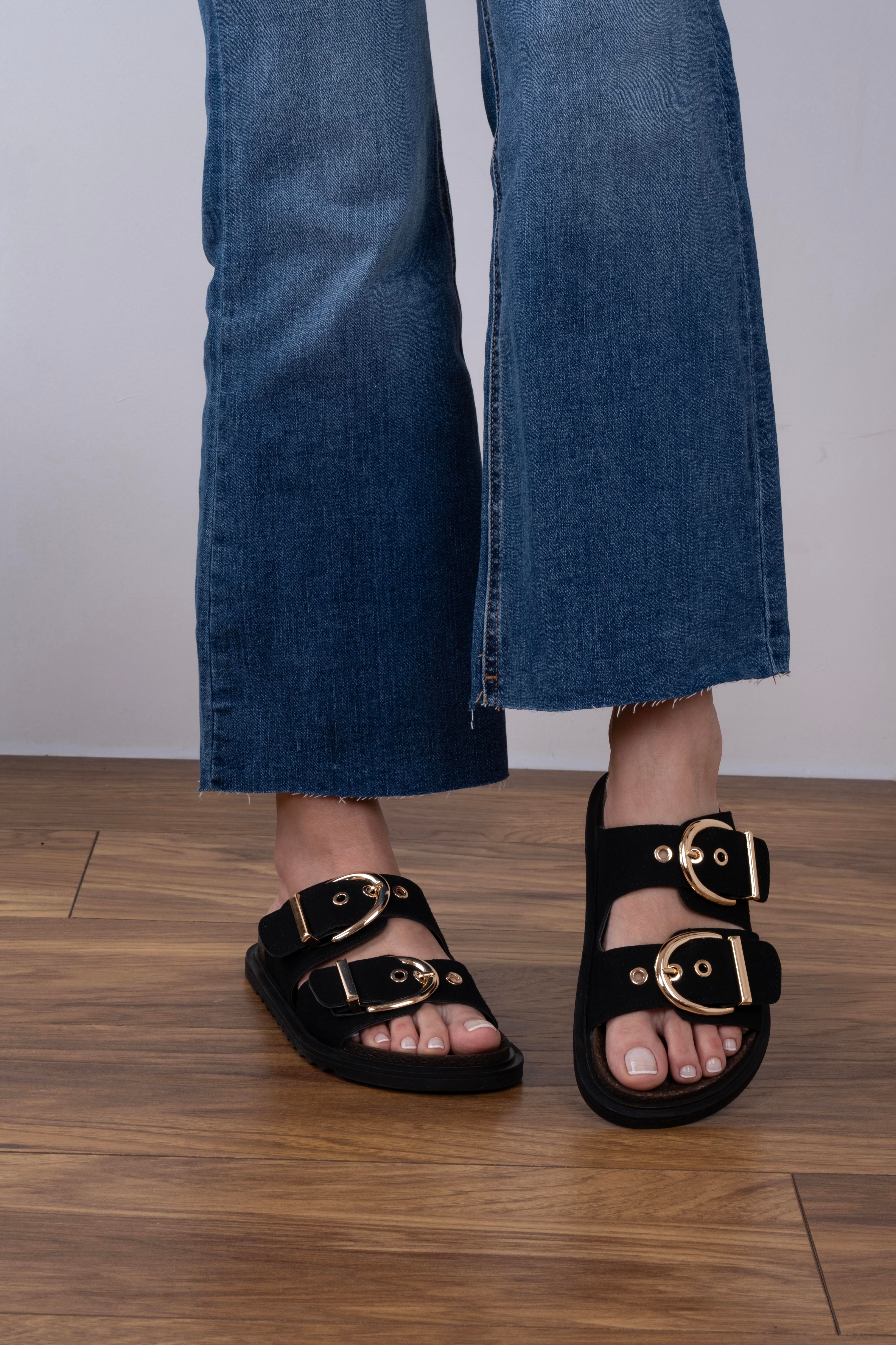 Ganie Model İki Kemerli Terlik Siyah Süet