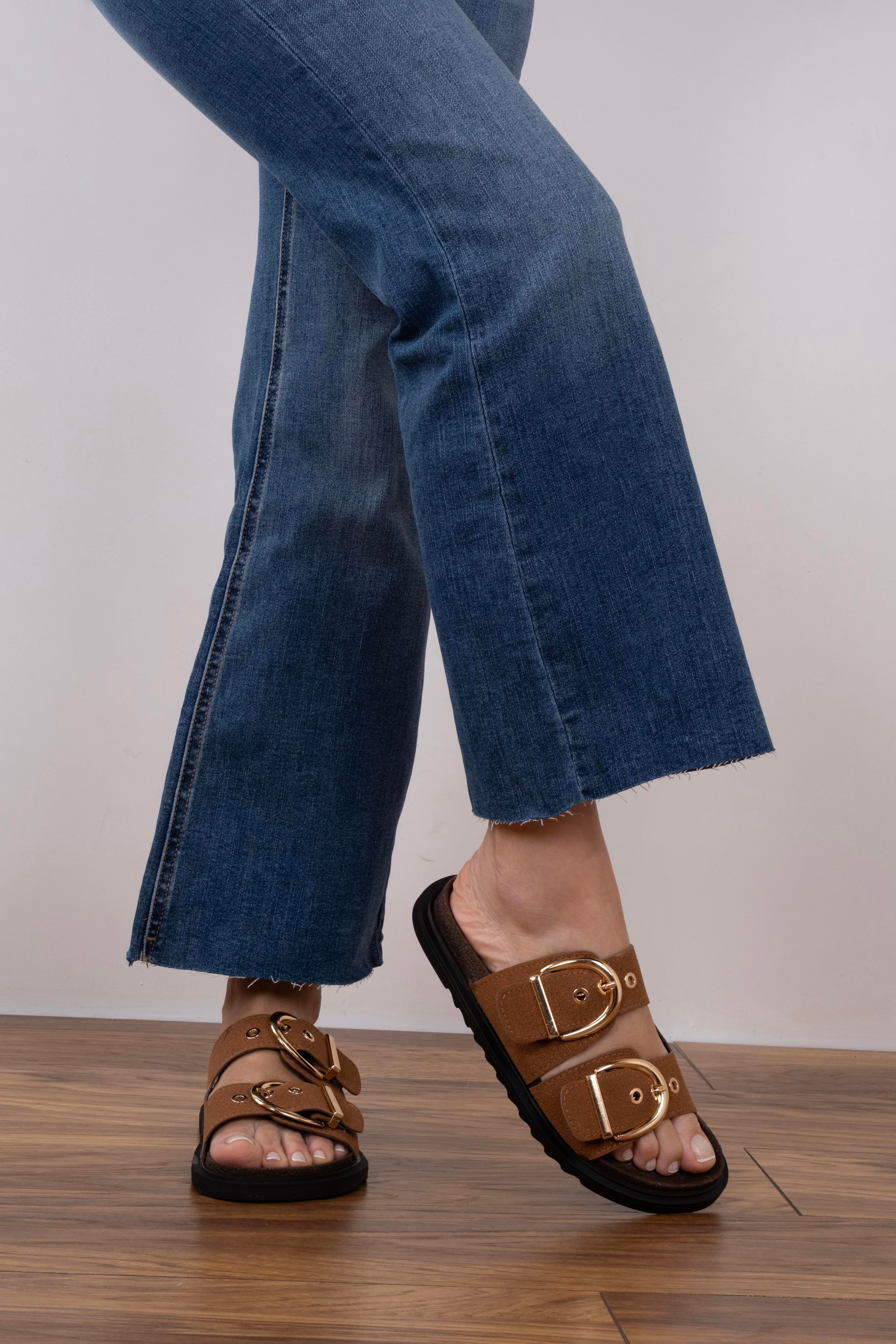 Ganie Model İki Kemerli Terlik Taba Süet