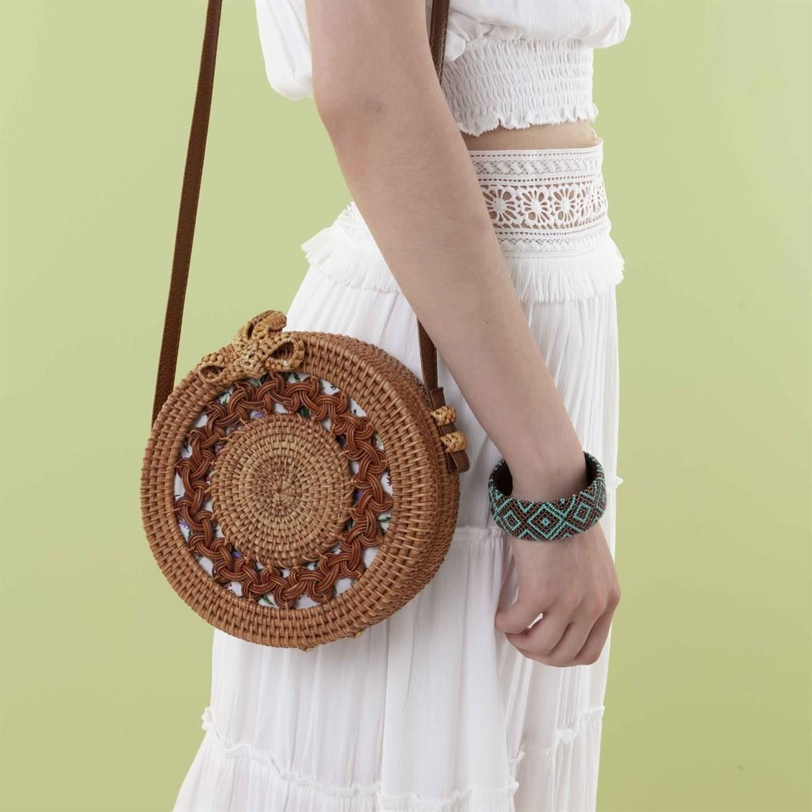 Bagoist 20 cm Oval Hasır Desenli Rattan Çanta