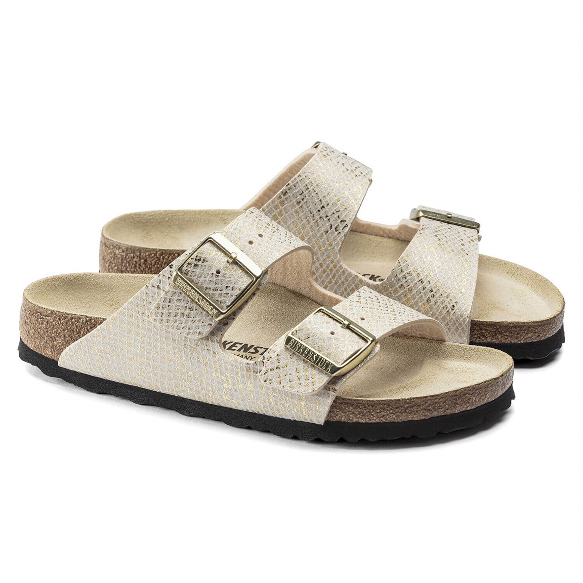 Birkenstock Arizona Bayan Terlik - Shiny Piton Eggshell/Gold