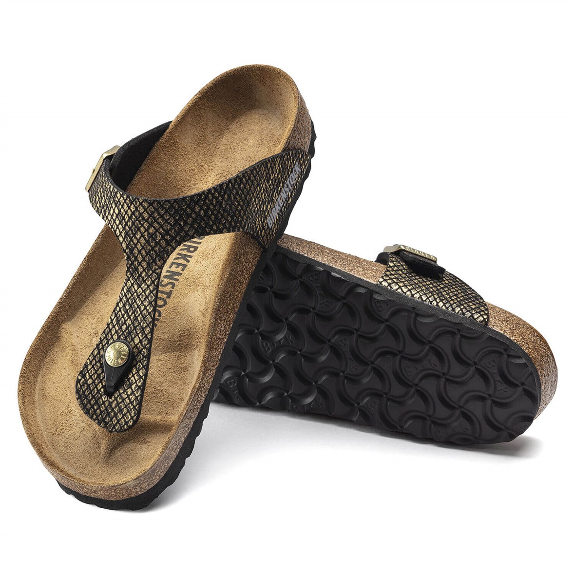 Birkenstock Gizeh Bayan Terlik - Shiny Piton Black/Gold