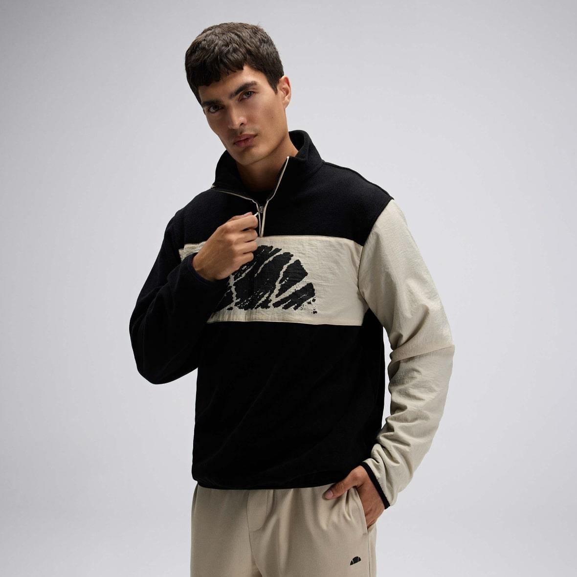 Ellesse EM519-BK Yarım Fermuarlı Polar Erkek Sweatshirt - Siyah / Bej
