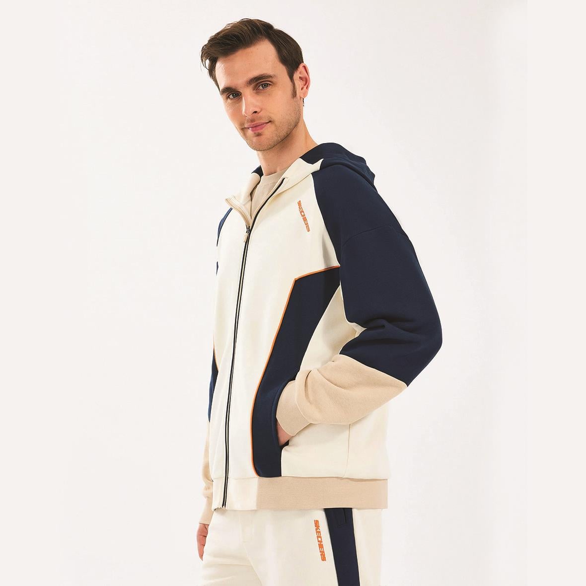 Skechers M Diagonal Lw Fleece Fullzip Hoodie S2510027-102 Erkek Sweatshirt - Kırık Beyaz