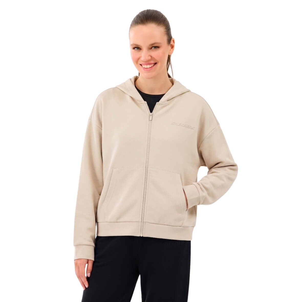 Skechers Skech Sweats Essential Full Zip Sweatshirt S2610016-1457 Kapüşonlu Kadın Sweatshirt - Krem
