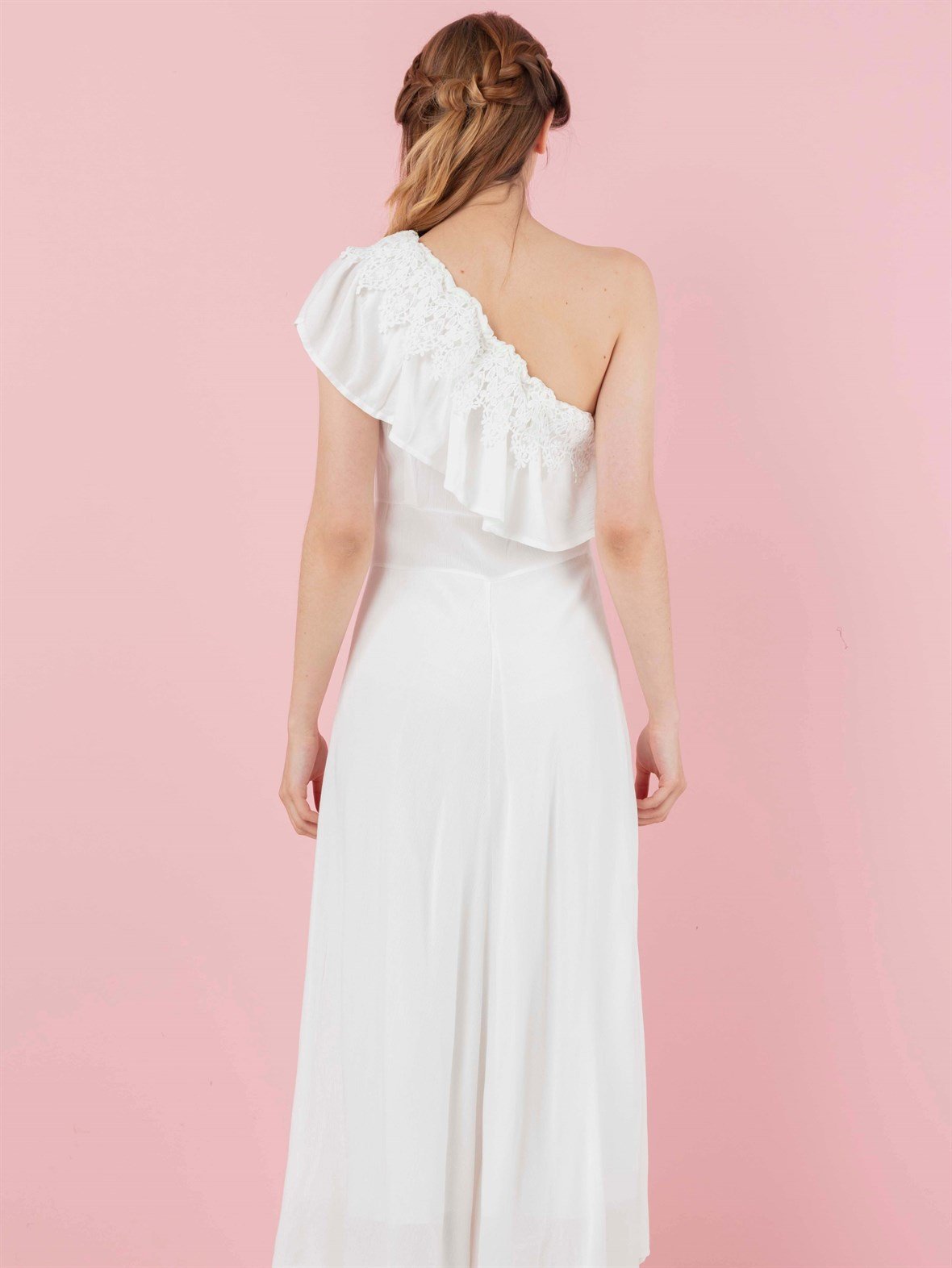 The Natural People Dantel Detaylı Fırfırlı Tek Omuz Elbise - Off White (Kırık Beyaz)