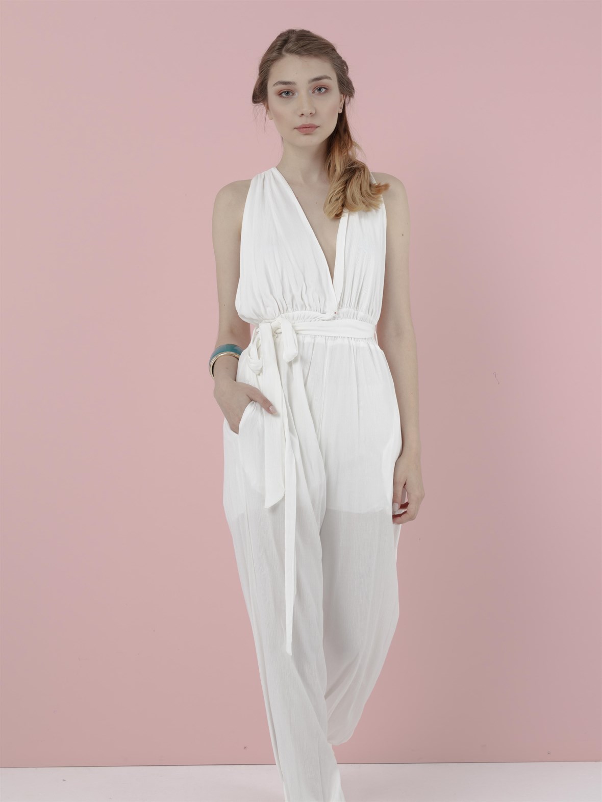 The Natural People Sırt Dekolteli Uzun Tulum - Off White (Kırık Beyaz)