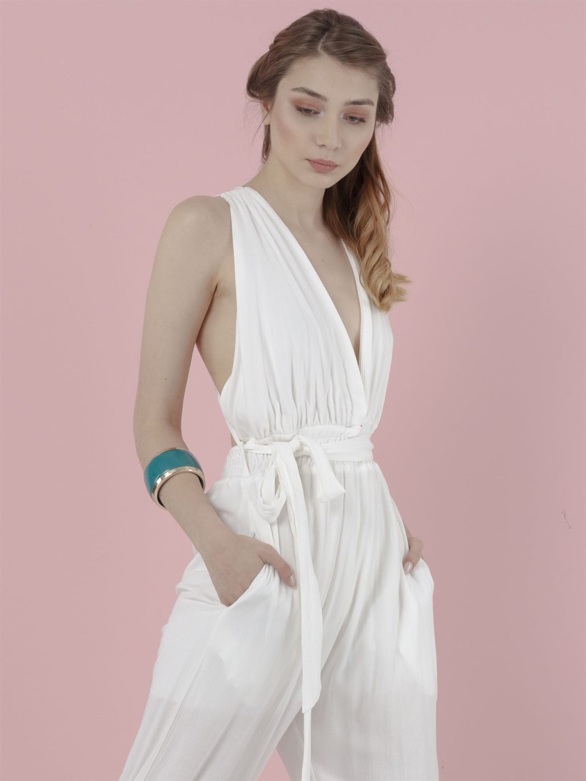 The Natural People Sırt Dekolteli Uzun Tulum - Off White (Kırık Beyaz)