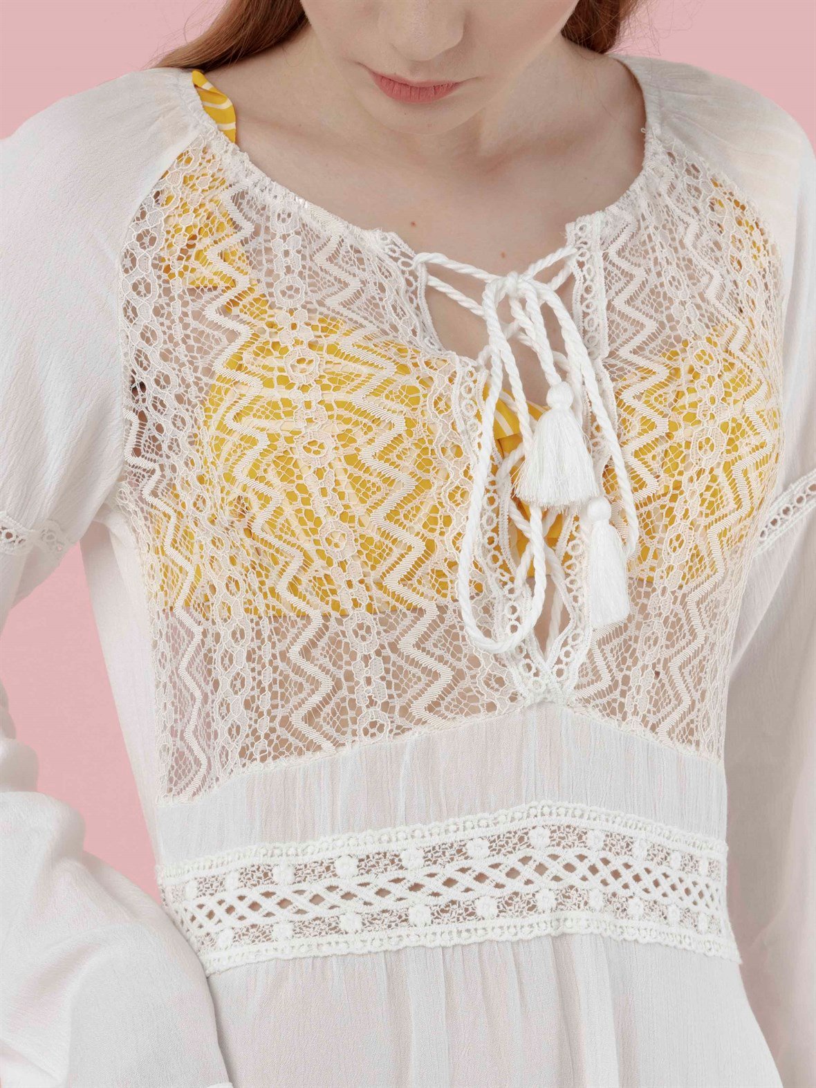 The Natural People Tül Dantel Detaylı Mini Plaj Elbisesi - Off White (Kırık Beyaz)