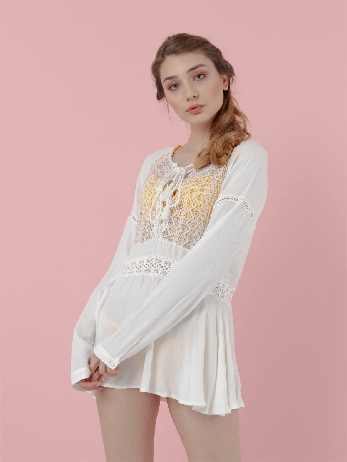 The Natural People Tül Dantel Detaylı Mini Plaj Elbisesi - Off White (Kırık Beyaz)