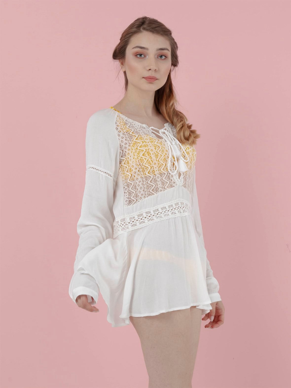 The Natural People Tül Dantel Detaylı Mini Plaj Elbisesi - Off White (Kırık Beyaz)
