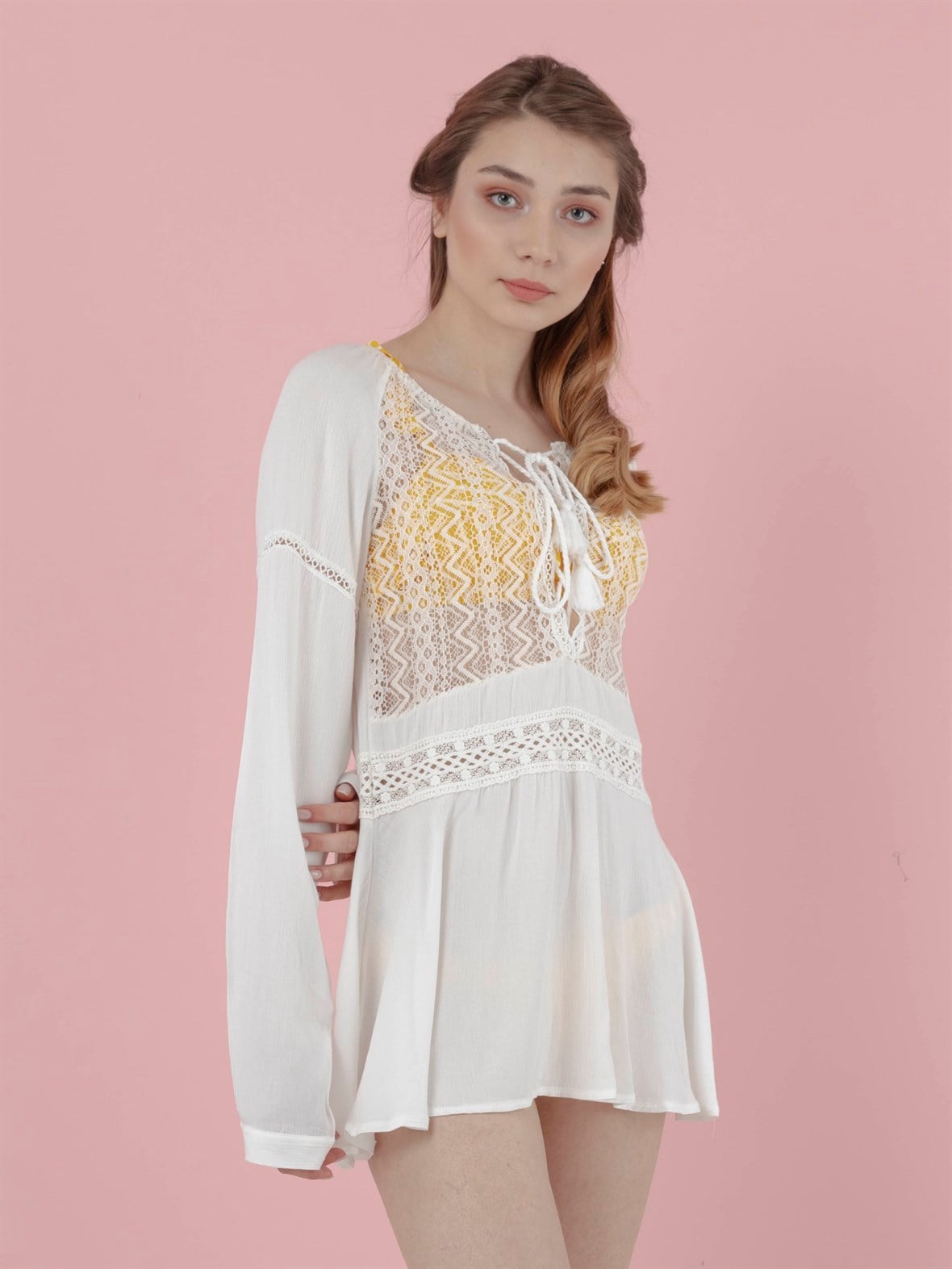 The Natural People Tül Dantel Detaylı Mini Plaj Elbisesi - Off White (Kırık Beyaz)