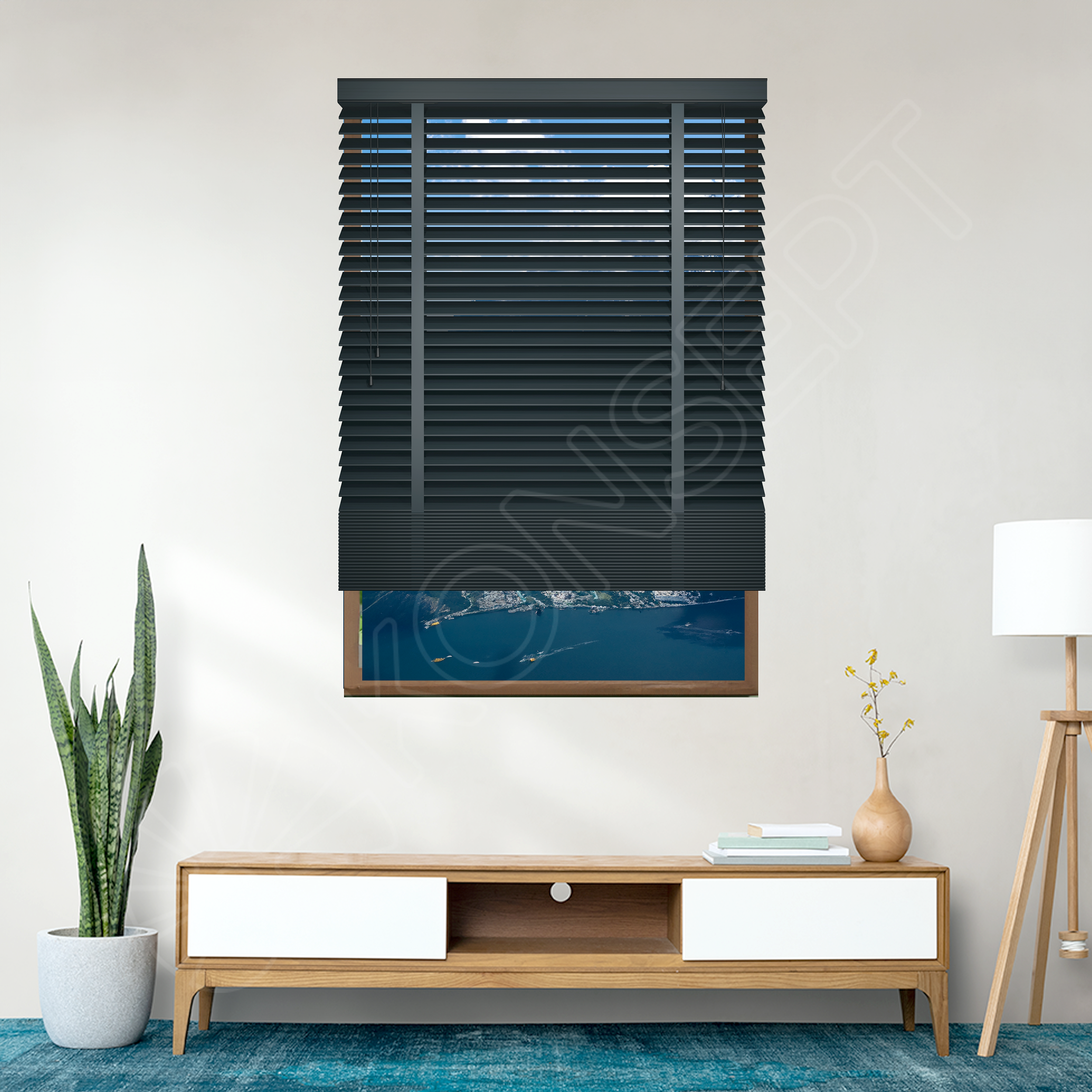 E216AHJKURMANMJ505_Ahşap Jaluzi Perde Manuel İp Kontrollü 50 mm %100 Orjinal Ahşap Kurdeleli ANTRASİT Renk