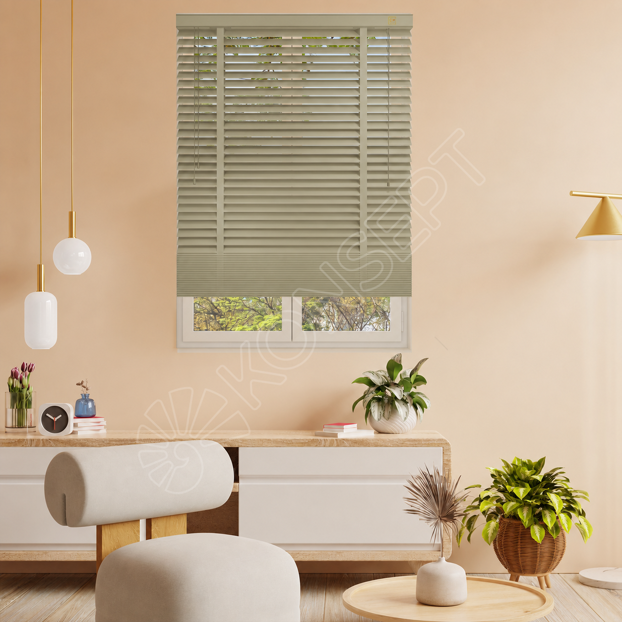 E216AHJKURRDKMJ503_REDÜKTÖRLÜ / Zincirli Ahşap Jaluzi Perde 50 mm %100 Orjinal Ahşap Kurdeleli TAŞ Renk