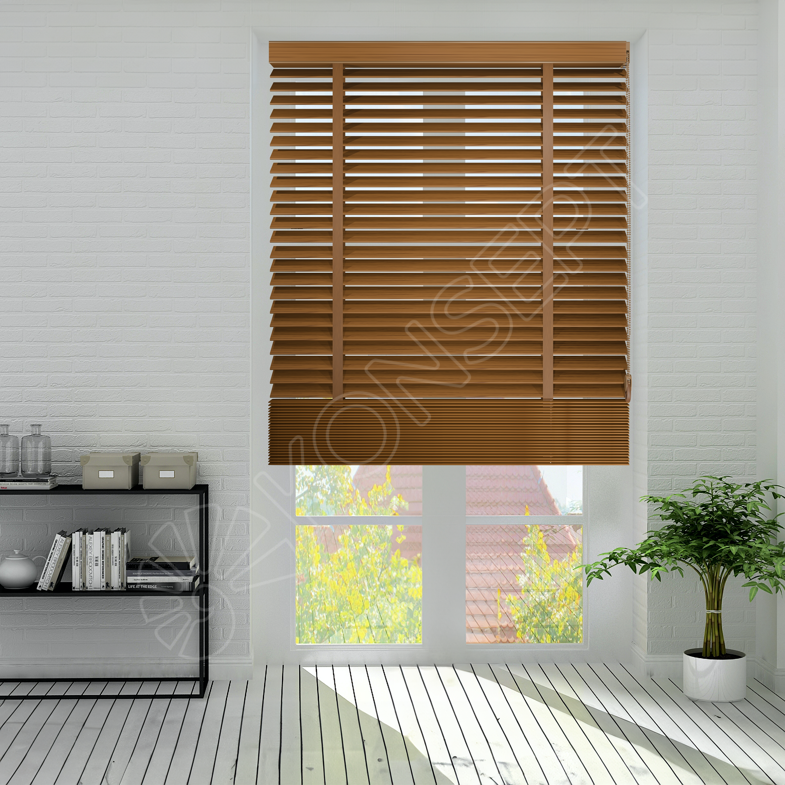 E216AHJKURRDKMJ507_REDÜKTÖRLÜ / Zincirli Ahşap Jaluzi Perde 50 mm %100 Orjinal Ahşap Kurdeleli MEŞE Renk