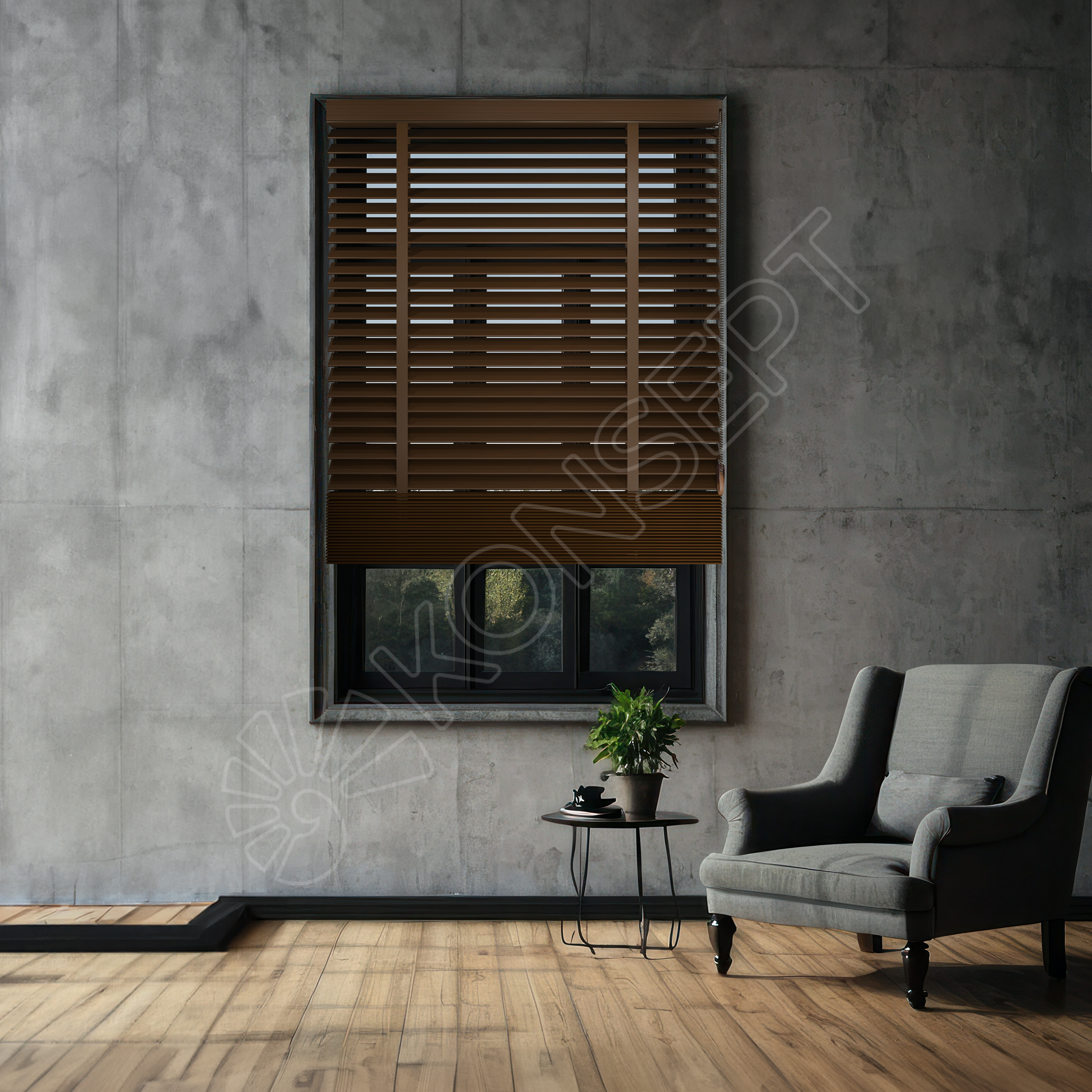 E216AHJKURRDKMJ508_REDÜKTÖRLÜ / Zincirli Ahşap Jaluzi Perde 50 mm %100 Orjinal Ahşap Kurdeleli CEVİZ Renk