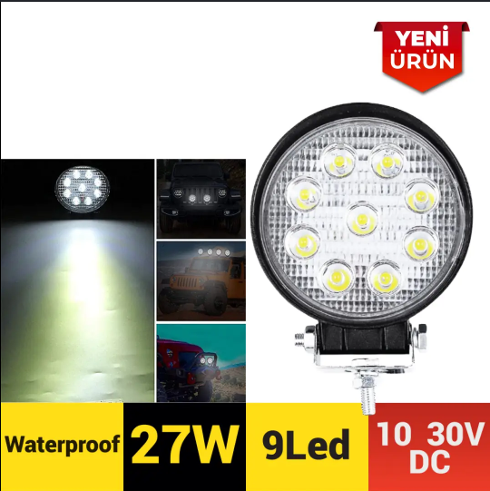LED FAR YUVARLAK 9 LED 27 WATT SİYAH